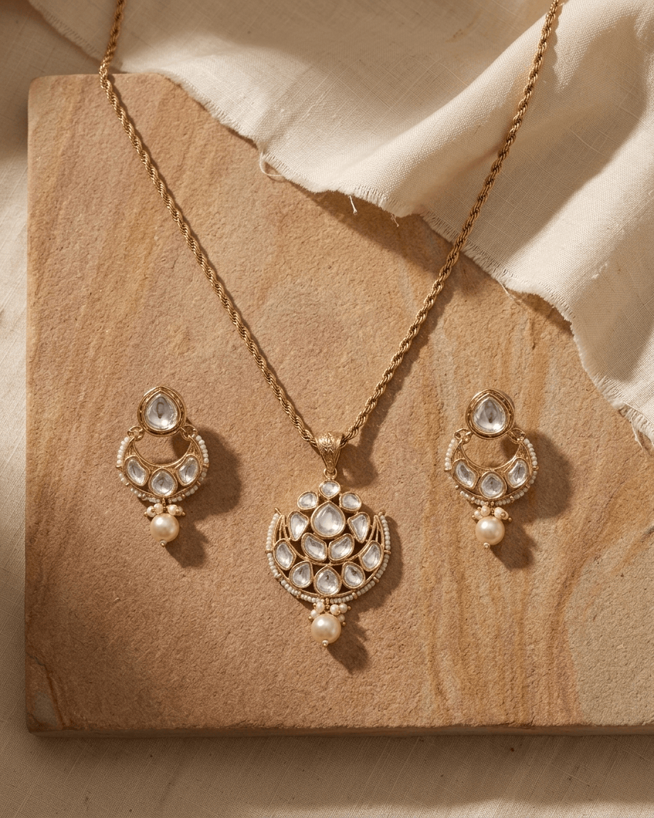 Mataari Pendant Kundan Polki Moissanite Gold Plated Pearl Beaded Drop Pendant Set
