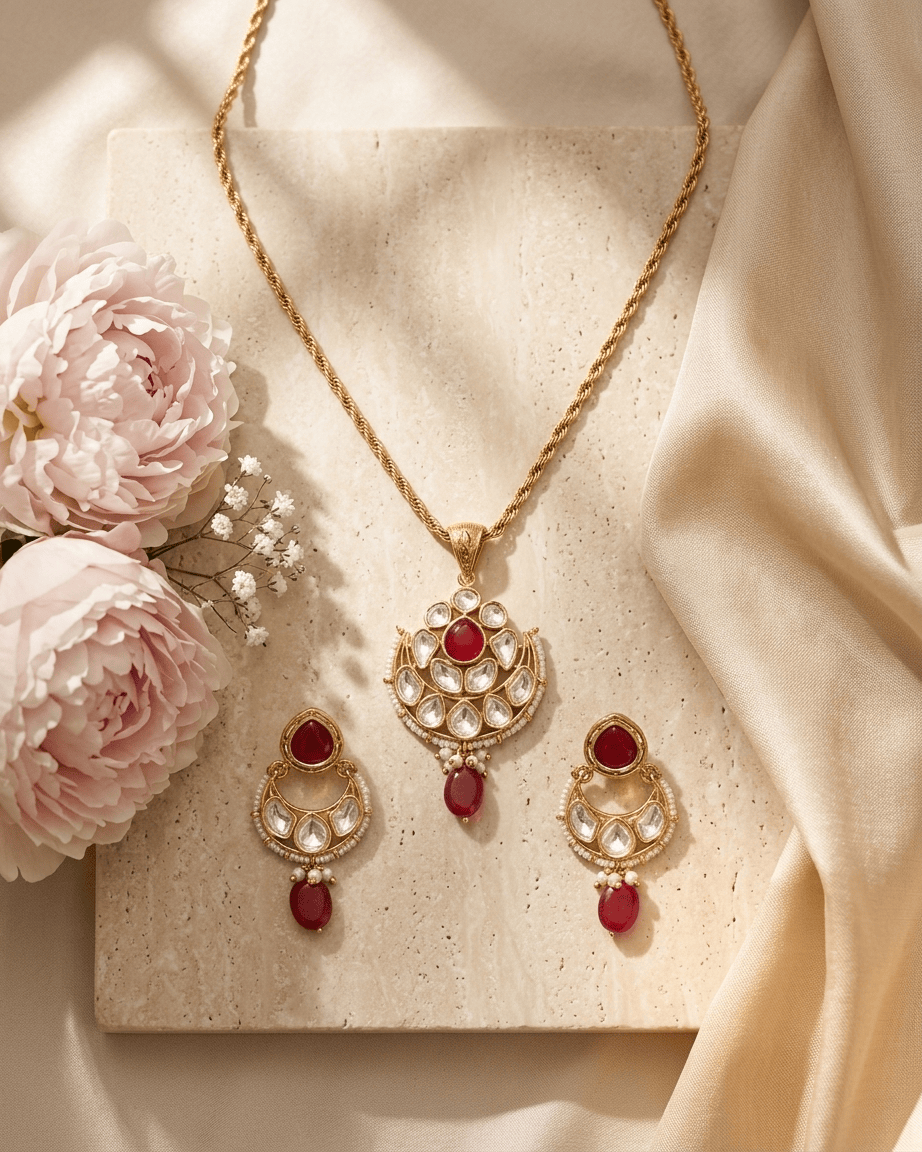 Mataari Pendant Kundan Polki Moissanite Gold Plated Pearl Beaded Drop Pendant Set