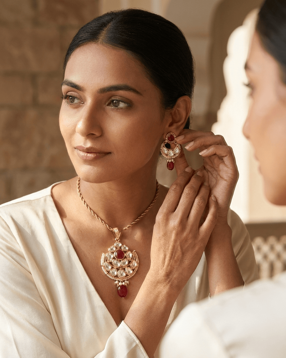 Mataari Pendant Kundan Polki Moissanite Gold Plated Pearl Beaded Drop Pendant Set