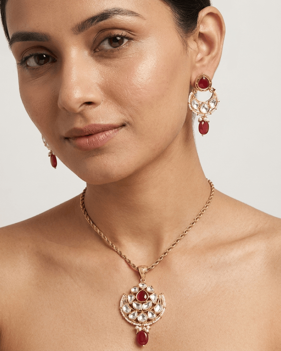 Mataari Pendant Kundan Polki Moissanite Gold Plated Pearl Beaded Drop Pendant Set