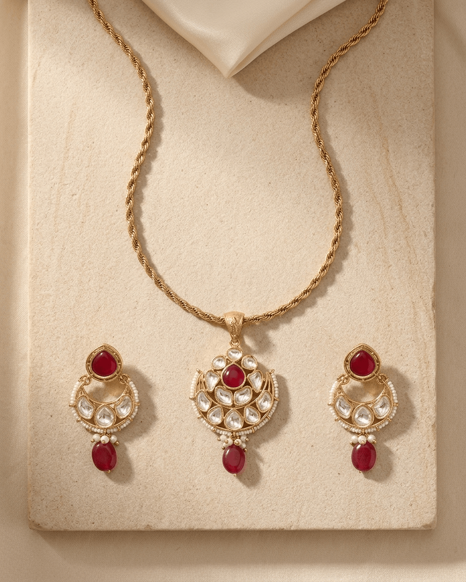 Mataari Pendant Kundan Polki Moissanite Gold Plated Pearl Beaded Drop Pendant Set