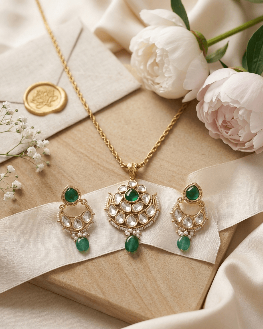 Mataari Pendant Kundan Polki Moissanite Gold Plated Pearl Beaded Drop Pendant Set
