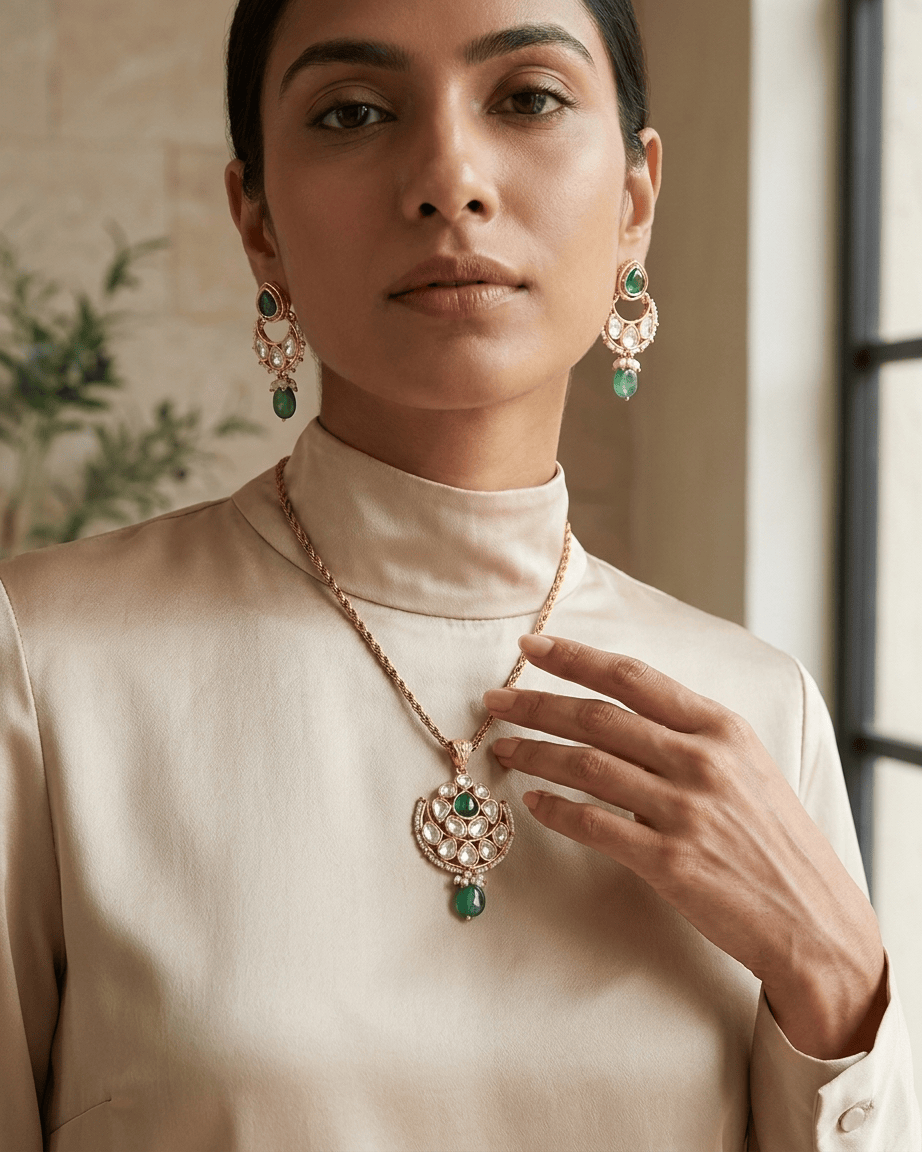 Mataari Pendant Kundan Polki Moissanite Gold Plated Pearl Beaded Drop Pendant Set