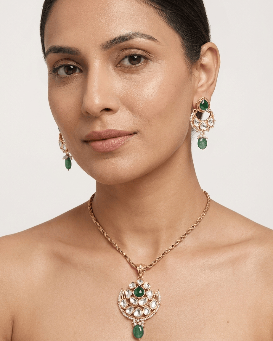Mataari Pendant Kundan Polki Moissanite Gold Plated Pearl Beaded Drop Pendant Set