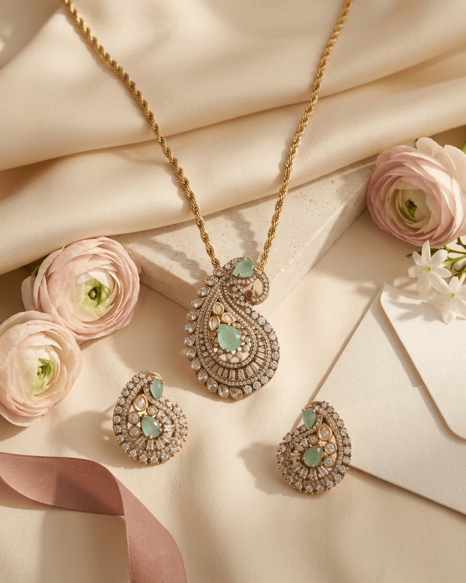 Mataari Pendant Polki Moissanite Kundan Opal Gold Plated Pendant Set