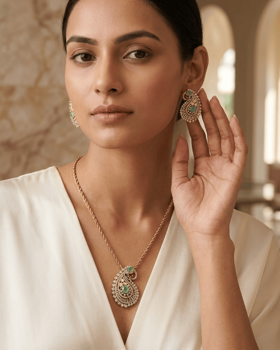 Mataari Pendant Polki Moissanite Kundan Opal Gold Plated Pendant Set
