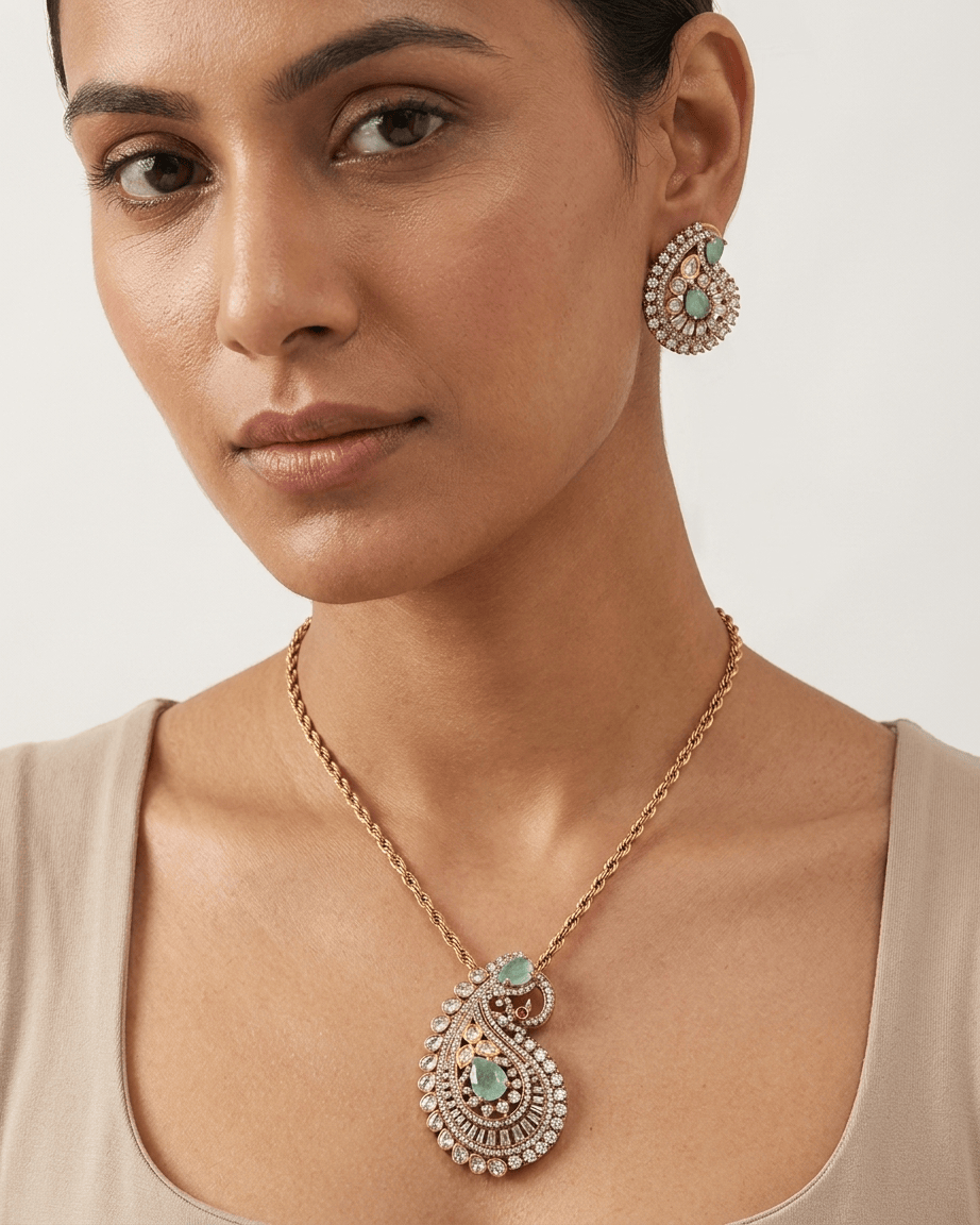 Mataari Pendant Polki Moissanite Kundan Opal Gold Plated Pendant Set