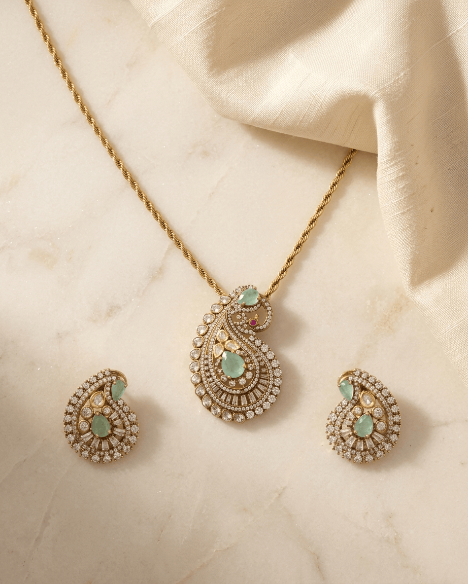 Mataari Pendant Polki Moissanite Kundan Opal Gold Plated Pendant Set