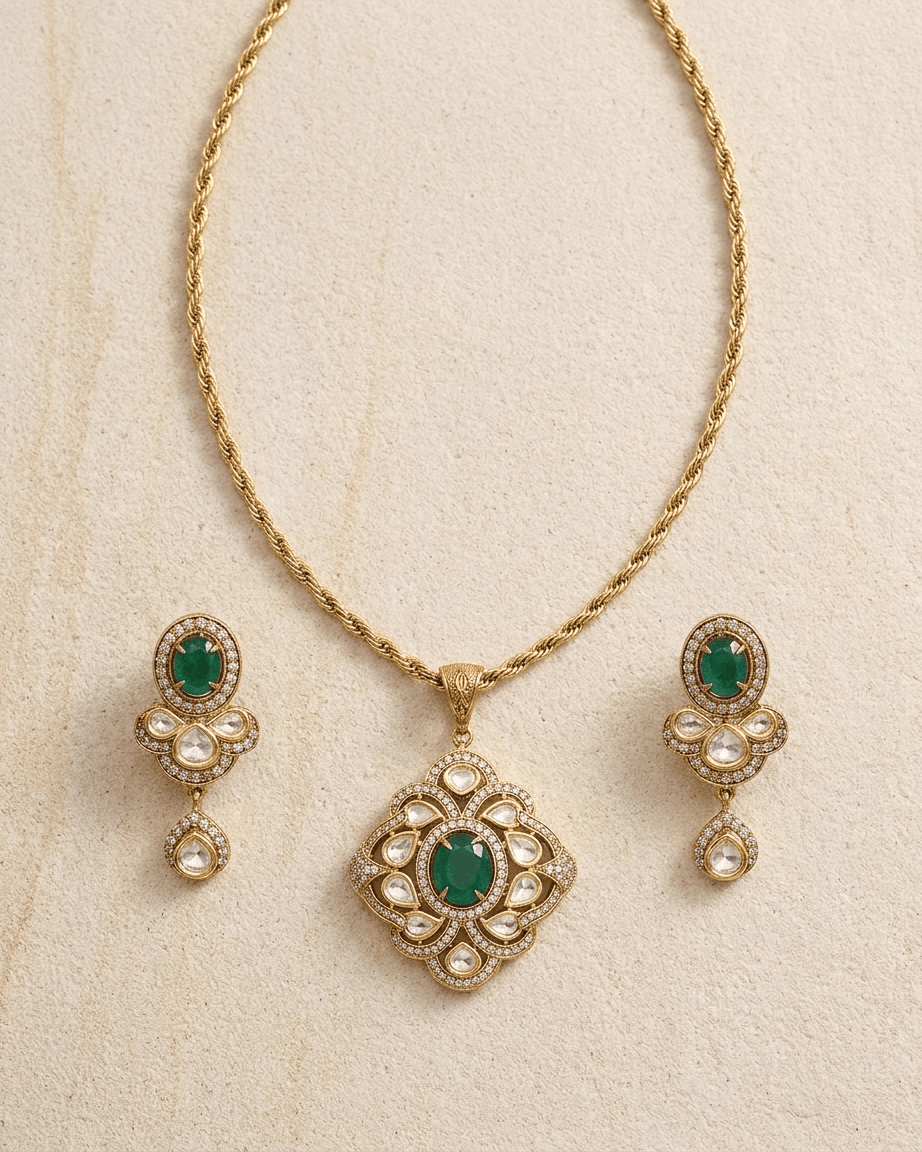 Mataari Pendant Ruby Polki Kundan Gold Plated Emerald Flower Teardrop Pendant Set