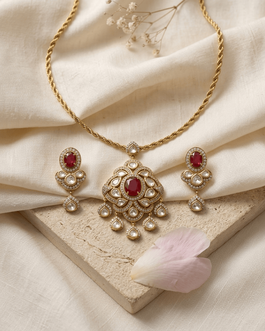 Mataari Pendant Ruby Polki Kundan Gold Plated Emerald Flower Teardrop Pendant Set