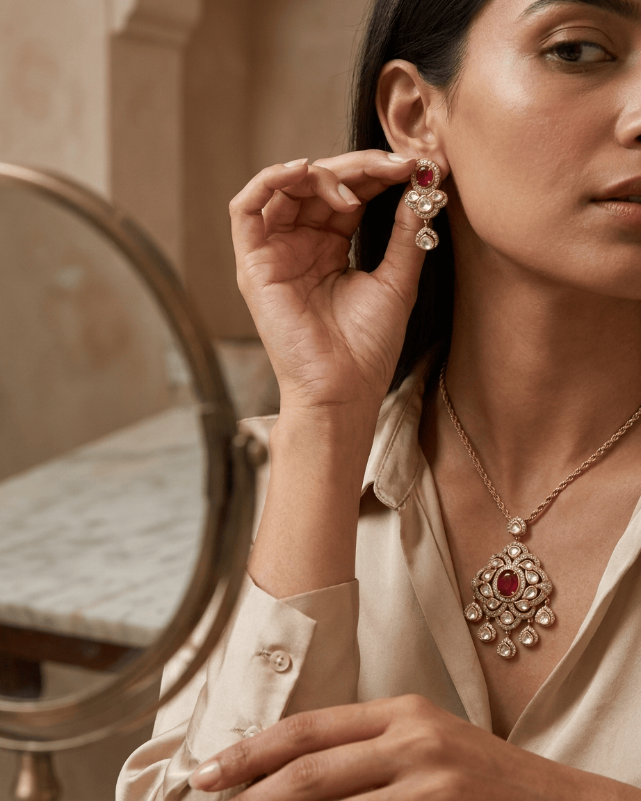 Mataari Pendant Ruby Polki Kundan Gold Plated Emerald Flower Teardrop Pendant Set