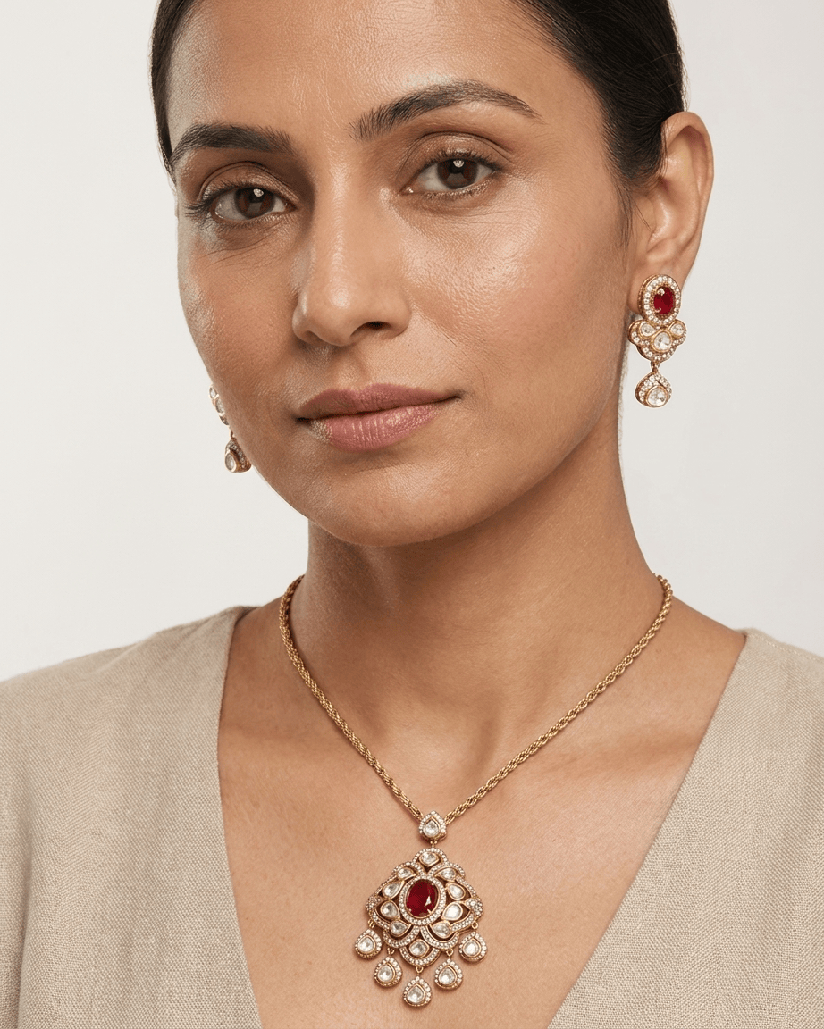 Mataari Pendant Ruby Polki Kundan Gold Plated Emerald Flower Teardrop Pendant Set