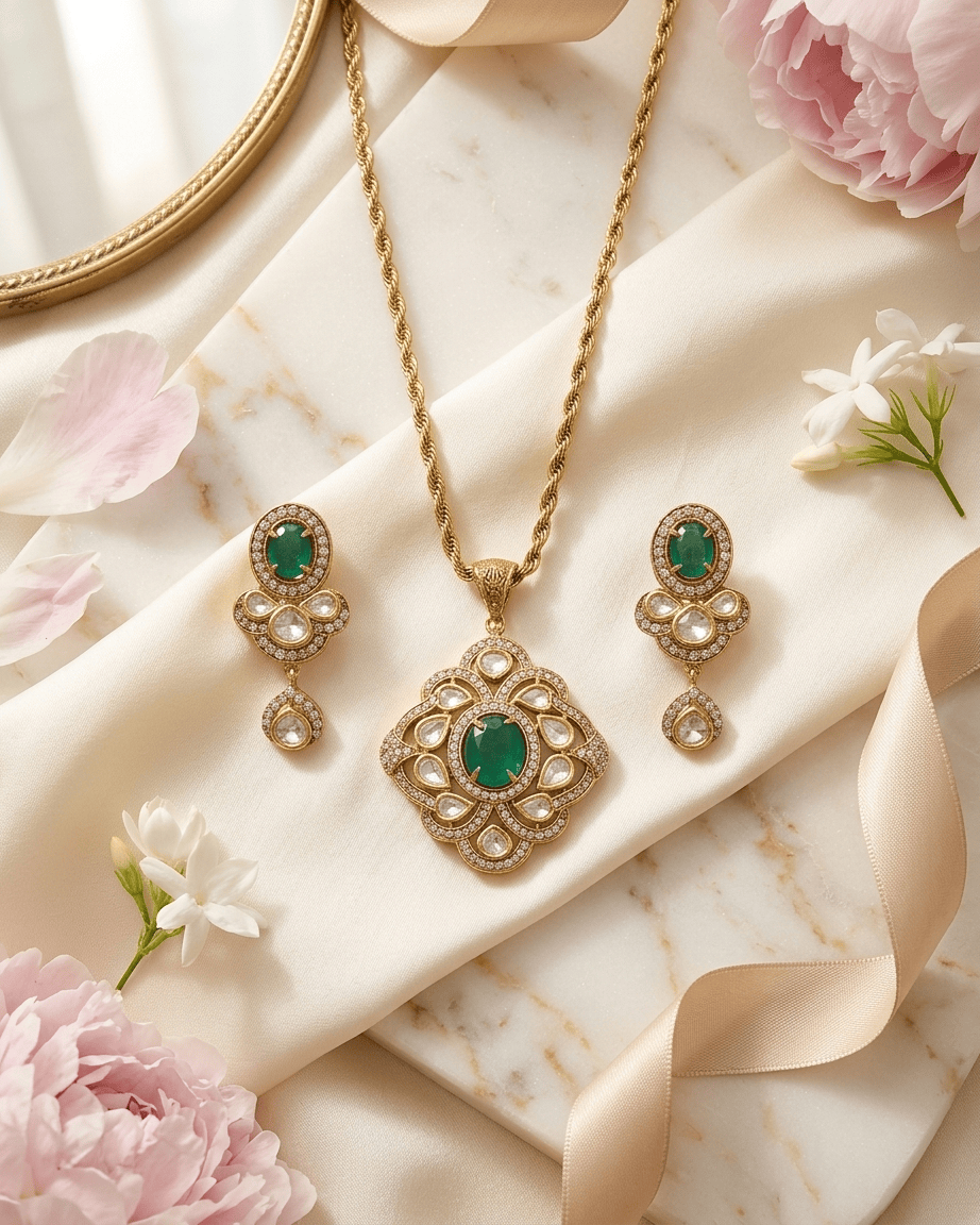 Mataari Pendant Ruby Polki Kundan Gold Plated Emerald Flower Teardrop Pendant Set