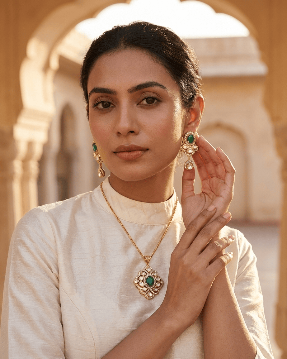 Mataari Pendant Ruby Polki Kundan Gold Plated Emerald Flower Teardrop Pendant Set