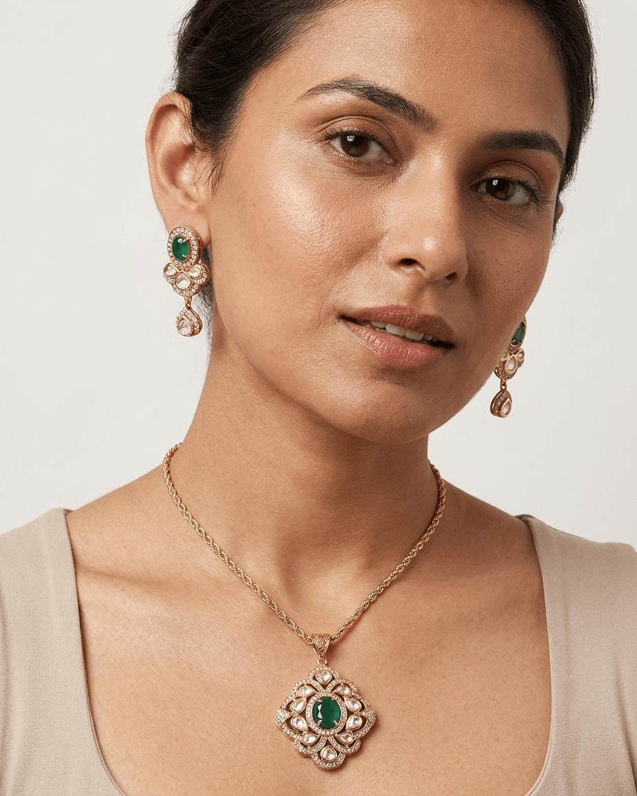 Mataari Pendant Ruby Polki Kundan Gold Plated Emerald Flower Teardrop Pendant Set