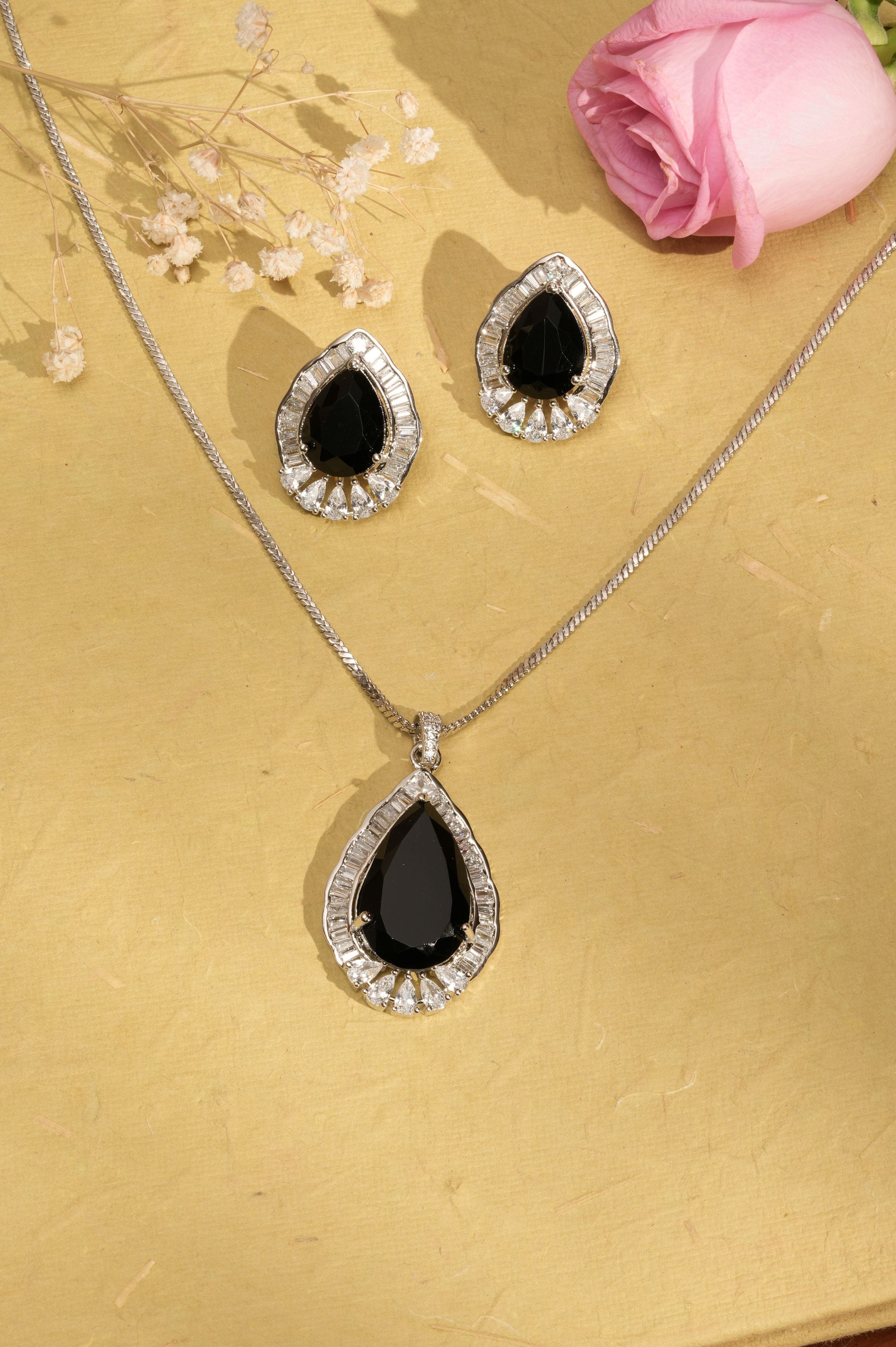 Mataari Pendants Rosaline Baguette Teardrop Pendant & Earring Set
