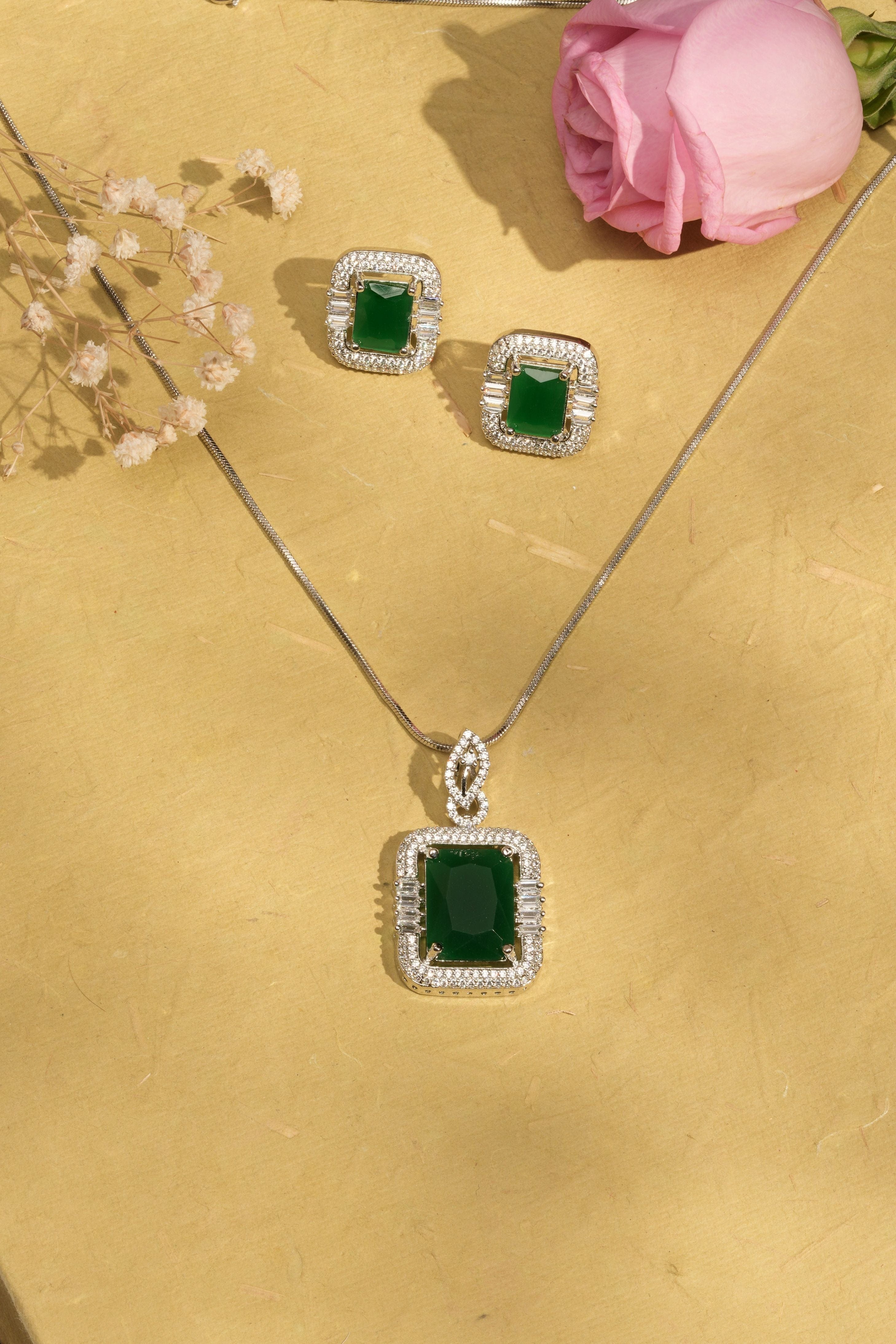 Mataari Pendants Emerald Prism Baguette Pendant & Earring Set