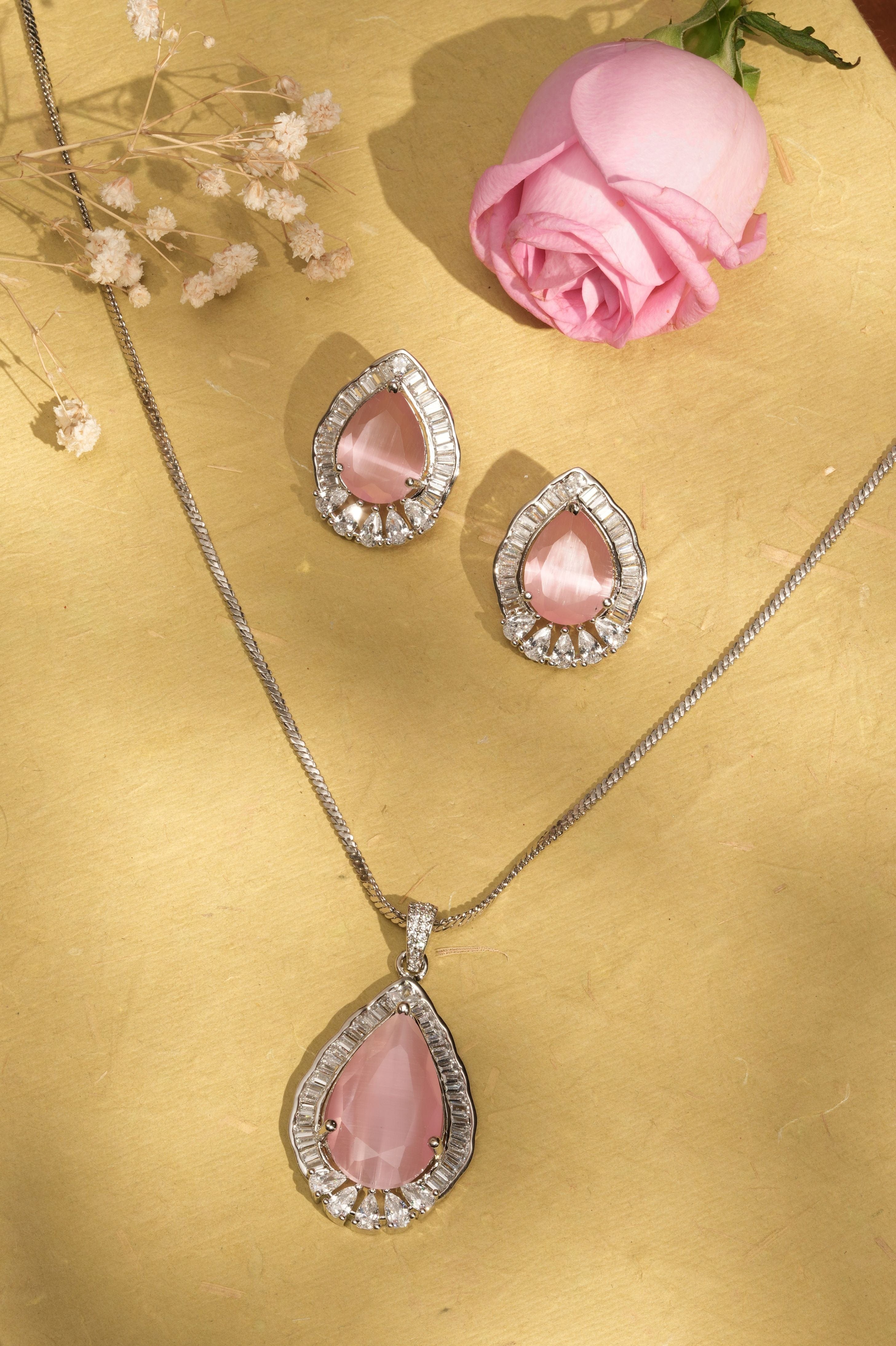 Mataari Pendants Rosaline Baguette Teardrop Pendant & Earring Set