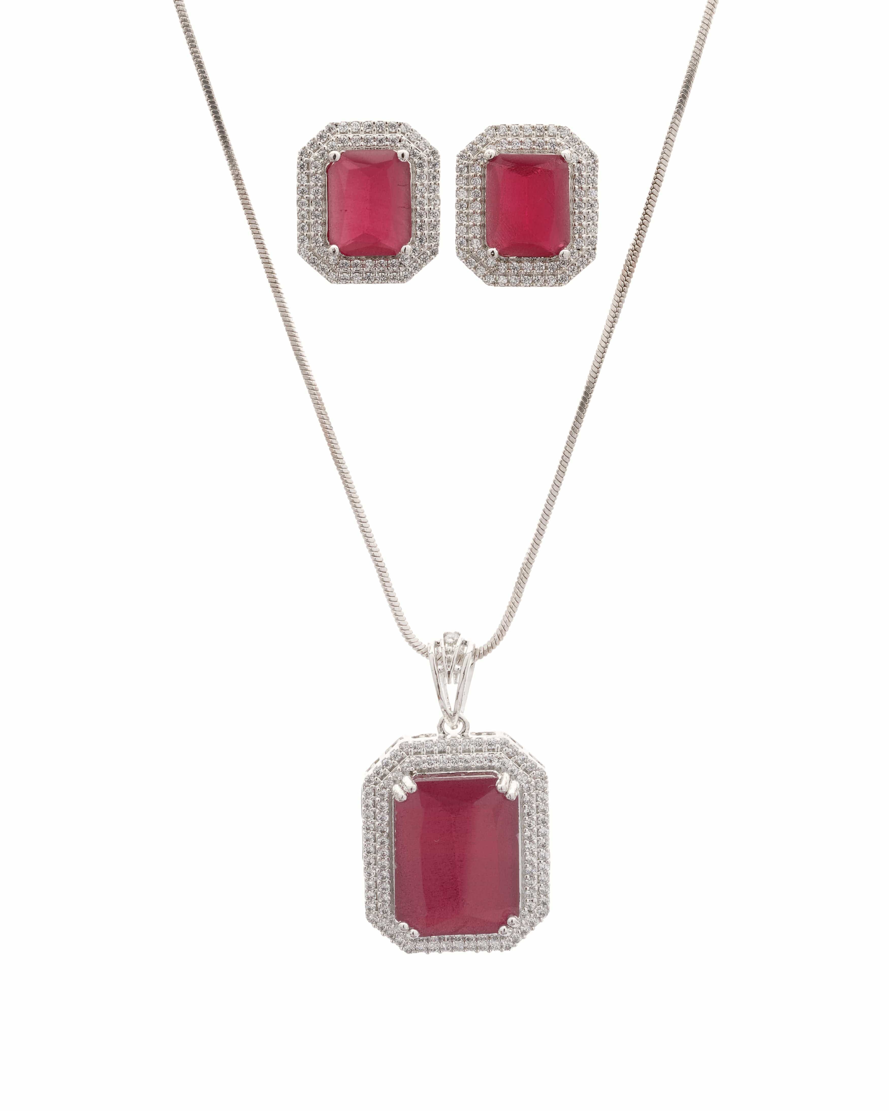 Mataari Pendants Ruby Red Baguette Pendant & Earring Set