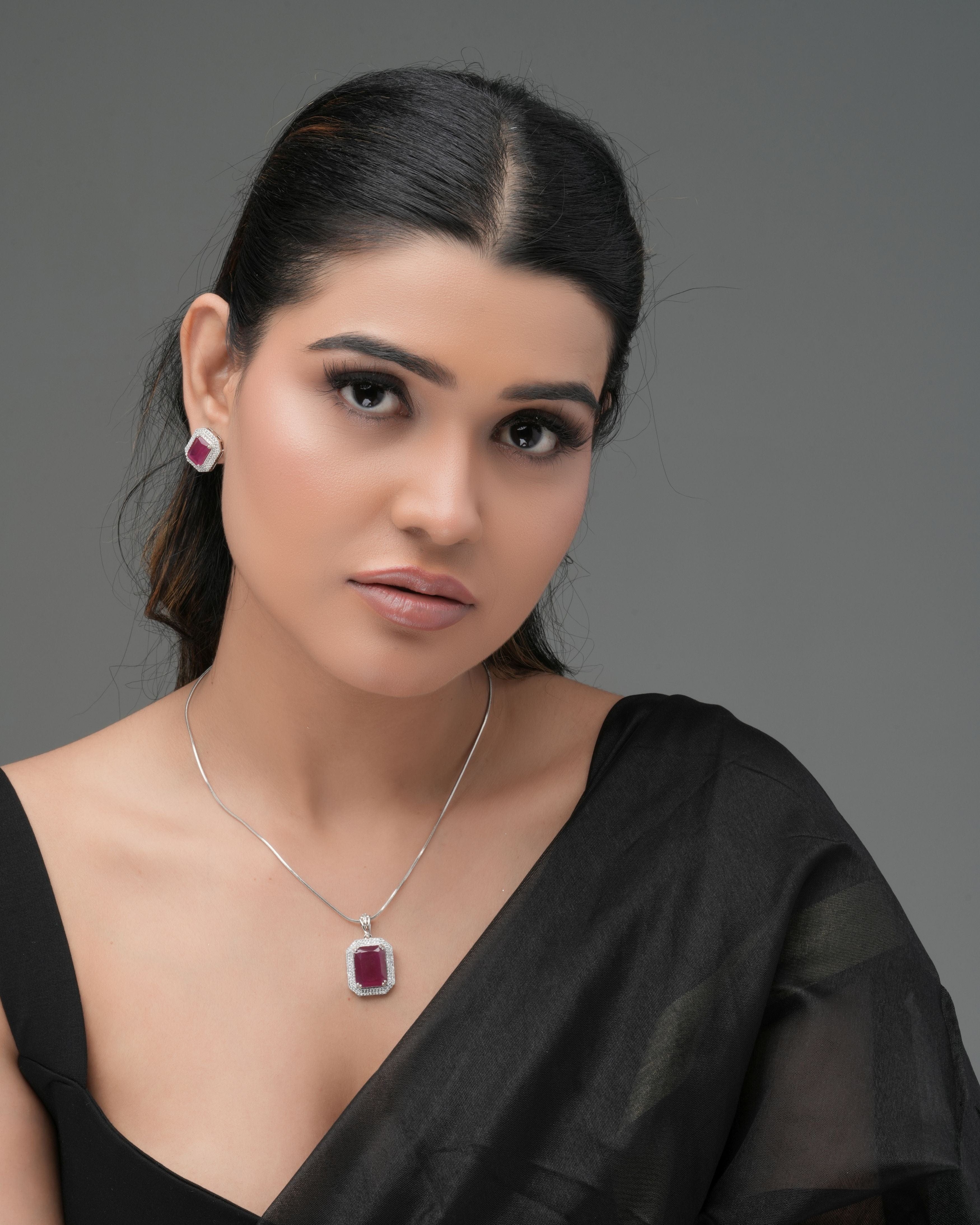 Mataari Pendants Ruby Red Baguette Pendant & Earring Set
