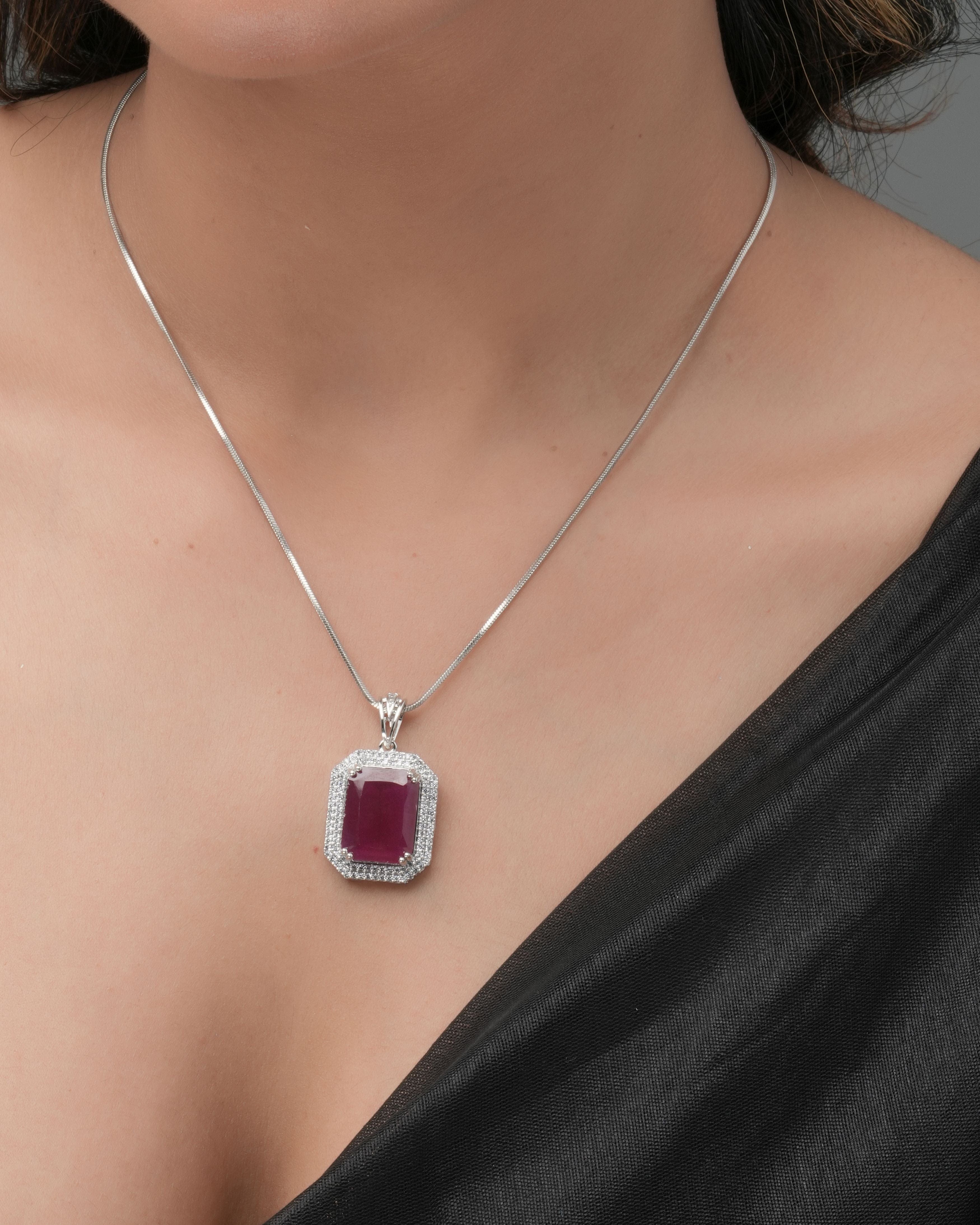 Mataari Pendants Ruby Red Baguette Pendant & Earring Set