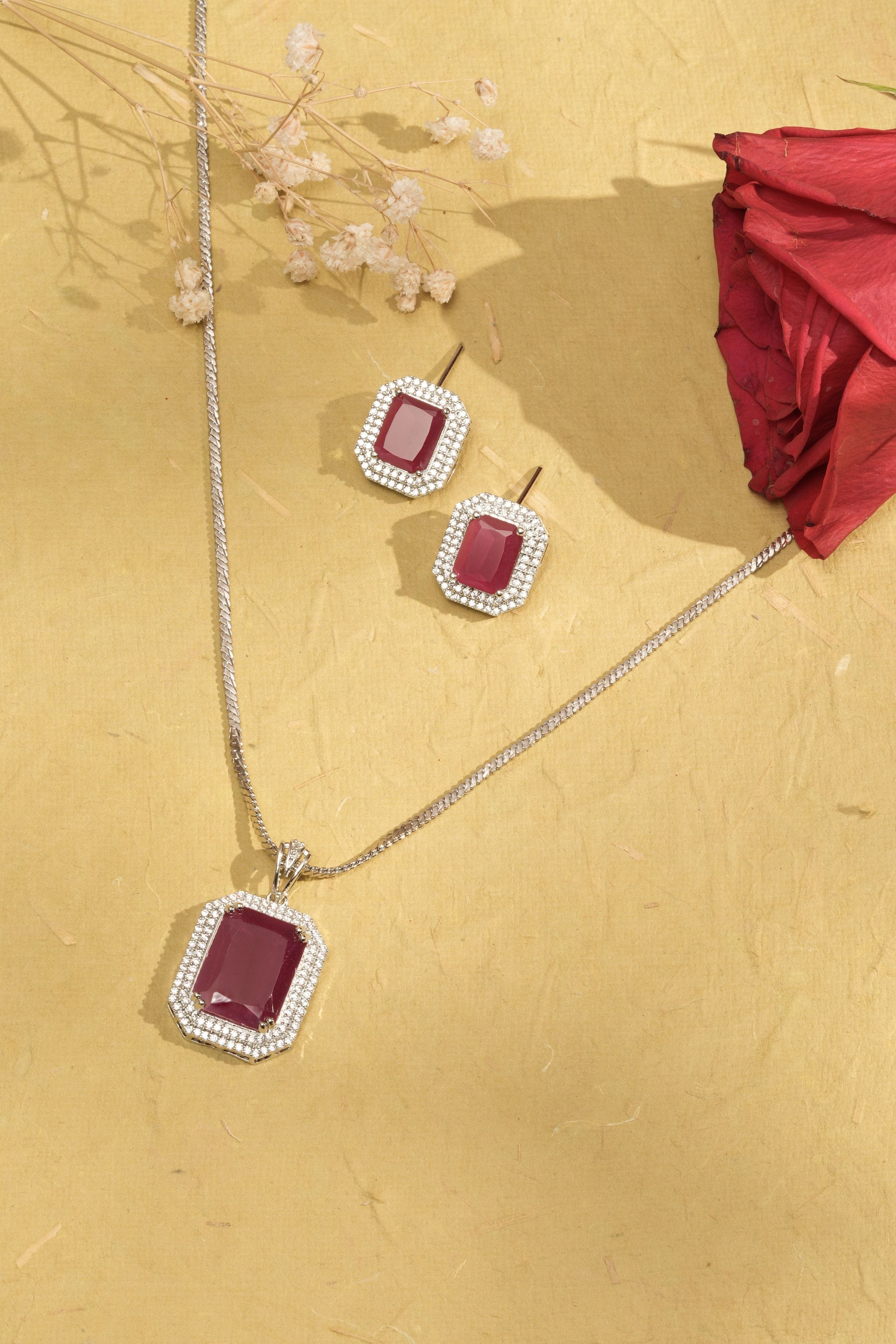 Mataari Pendants Ruby Red Baguette Pendant & Earring Set