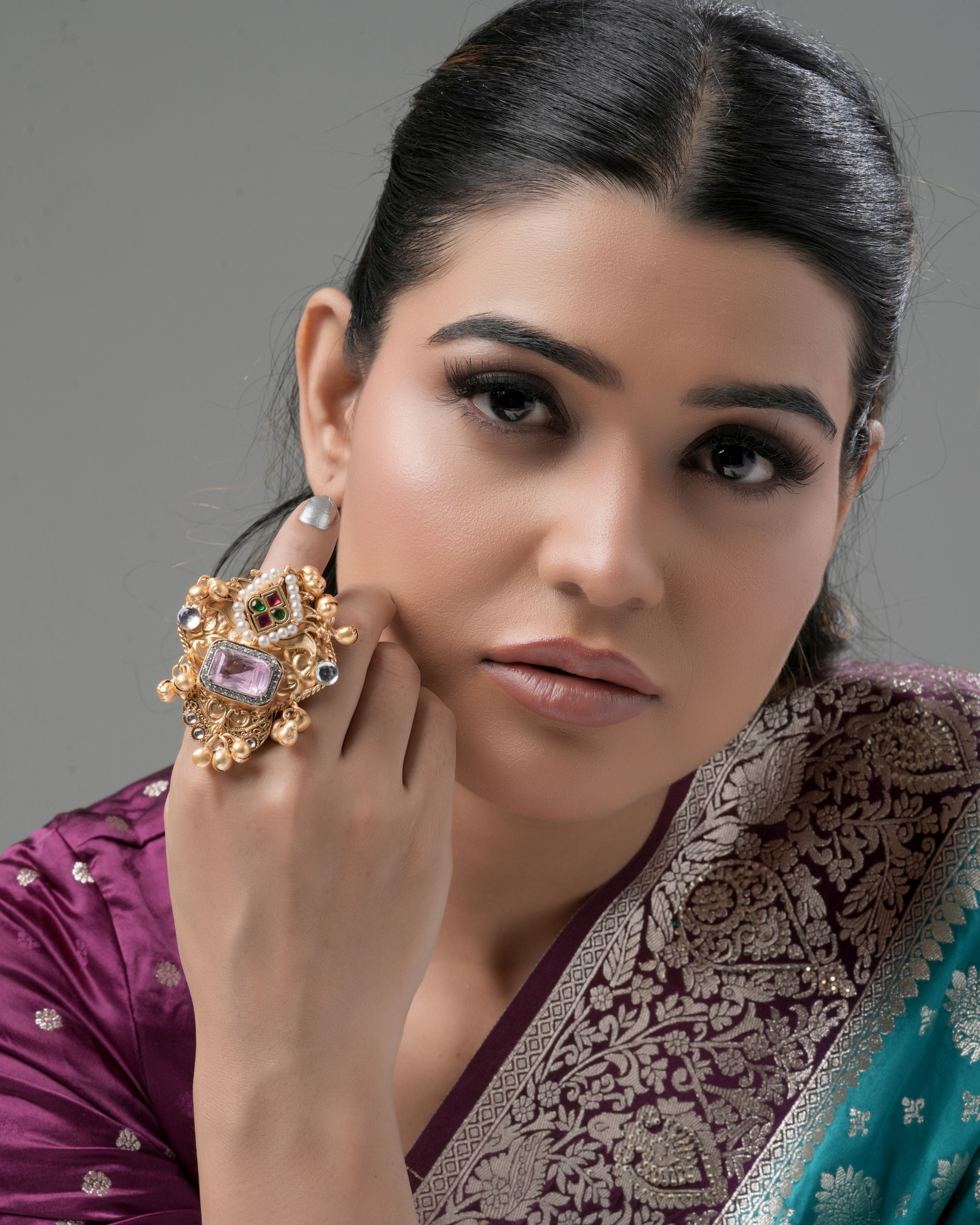 Mataari Ring Antique Gold-Plated Kundan Statement Ring with Gemstone Accents
