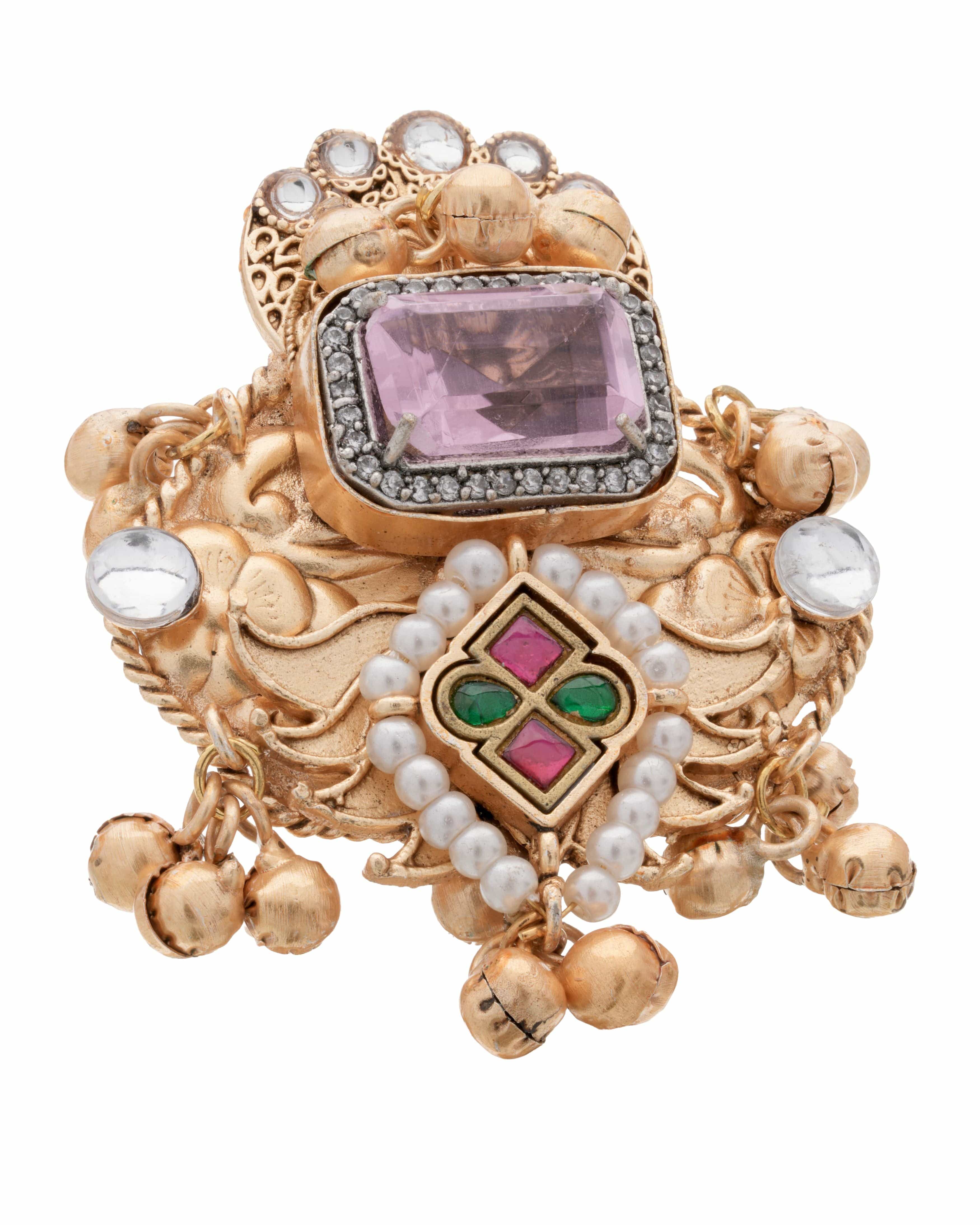 Mataari Ring Antique Gold-Plated Kundan Statement Ring with Gemstone Accents