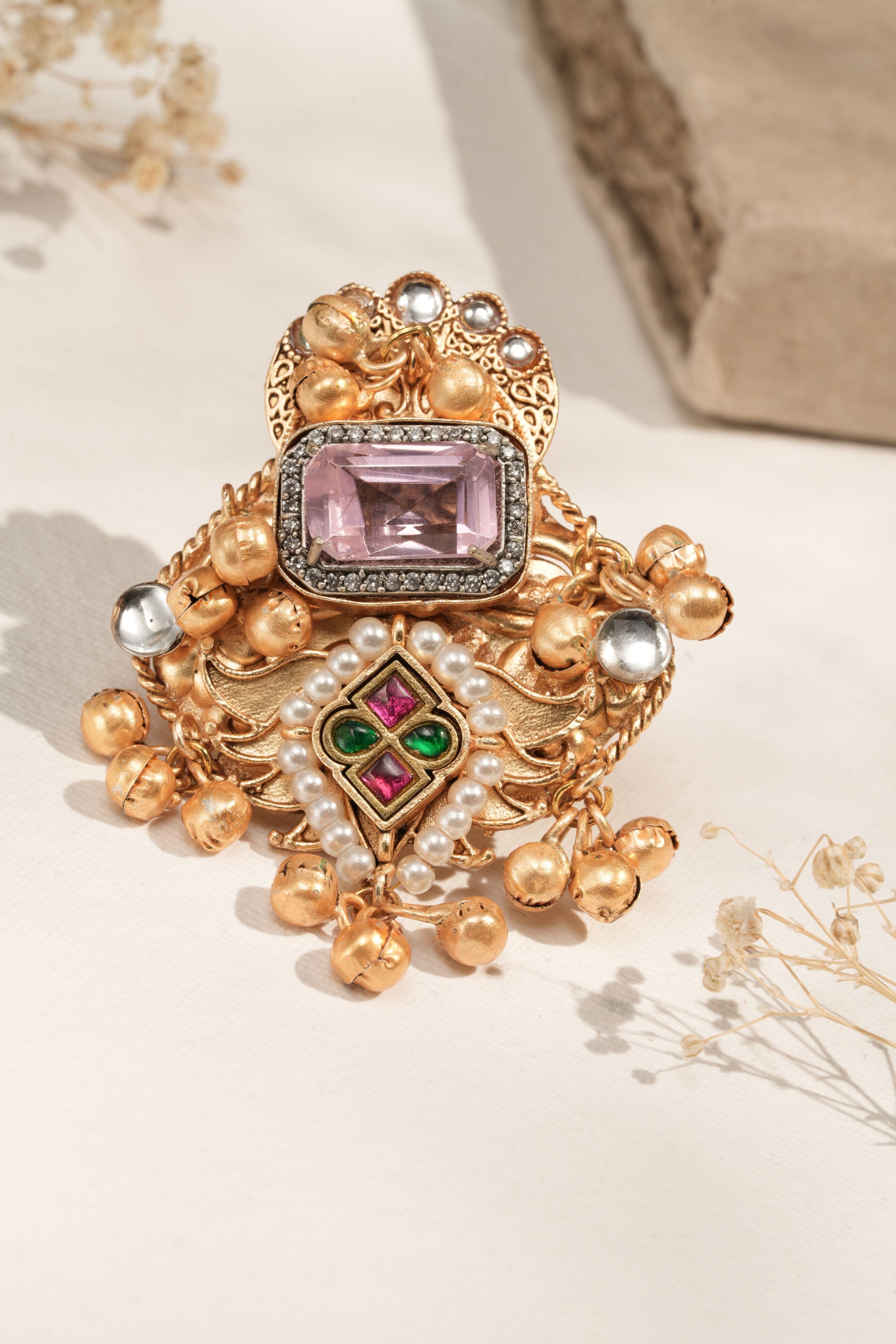Mataari Ring Antique Gold-Plated Kundan Statement Ring with Gemstone Accents
