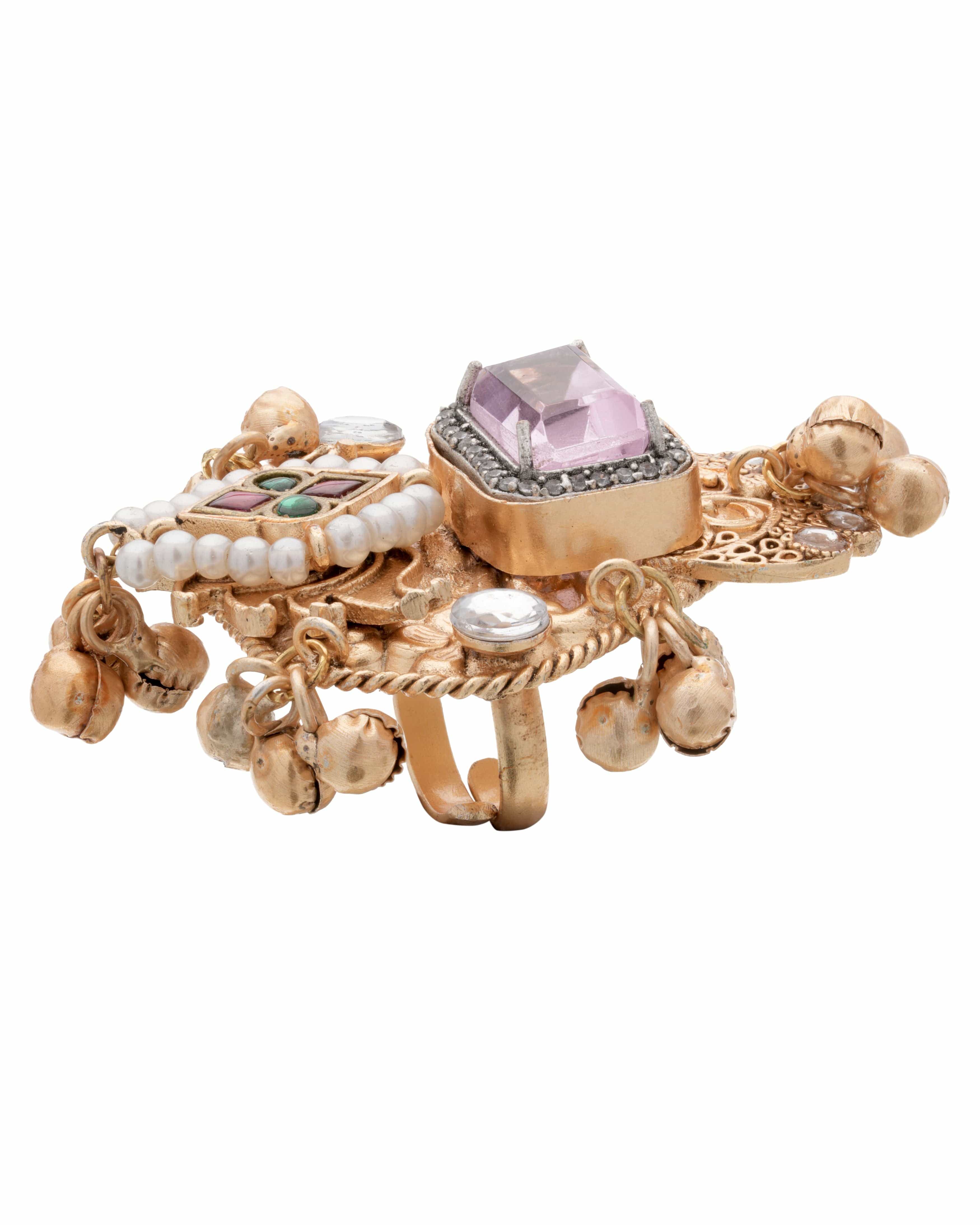 Mataari Ring Antique Gold-Plated Kundan Statement Ring with Gemstone Accents