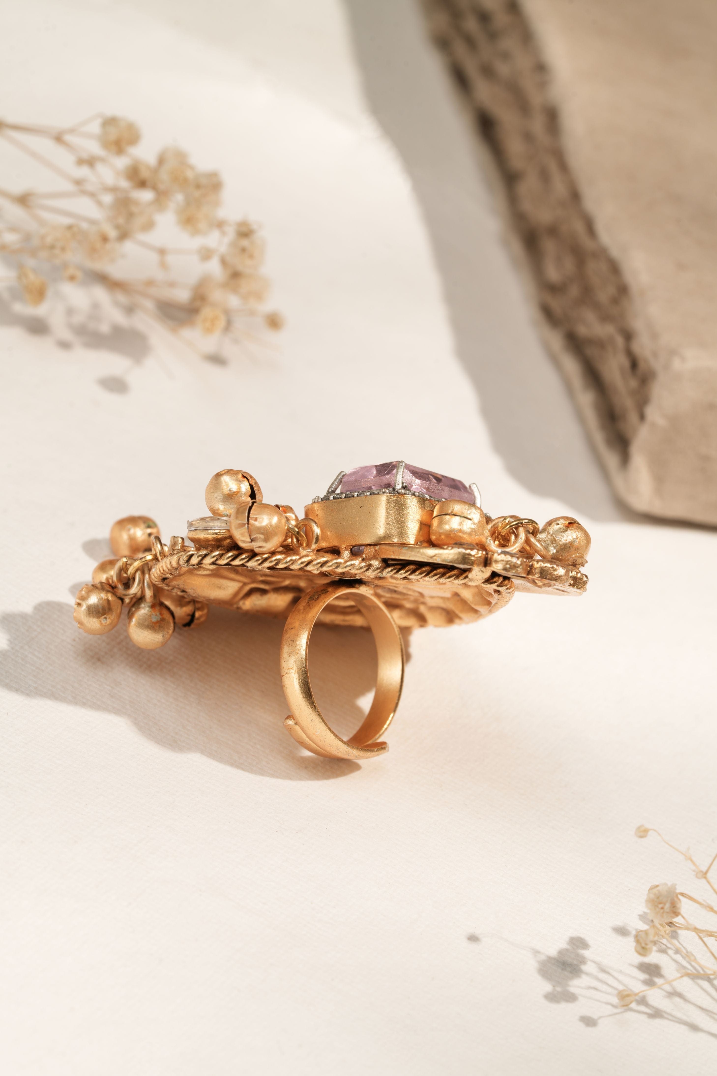 Mataari Ring Antique Gold-Plated Kundan Statement Ring with Gemstone Accents