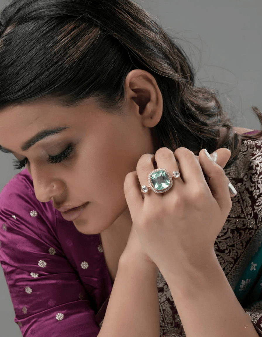 Mataari Ring Avant-Garde Radiance: Dual Halo Pink Ring
