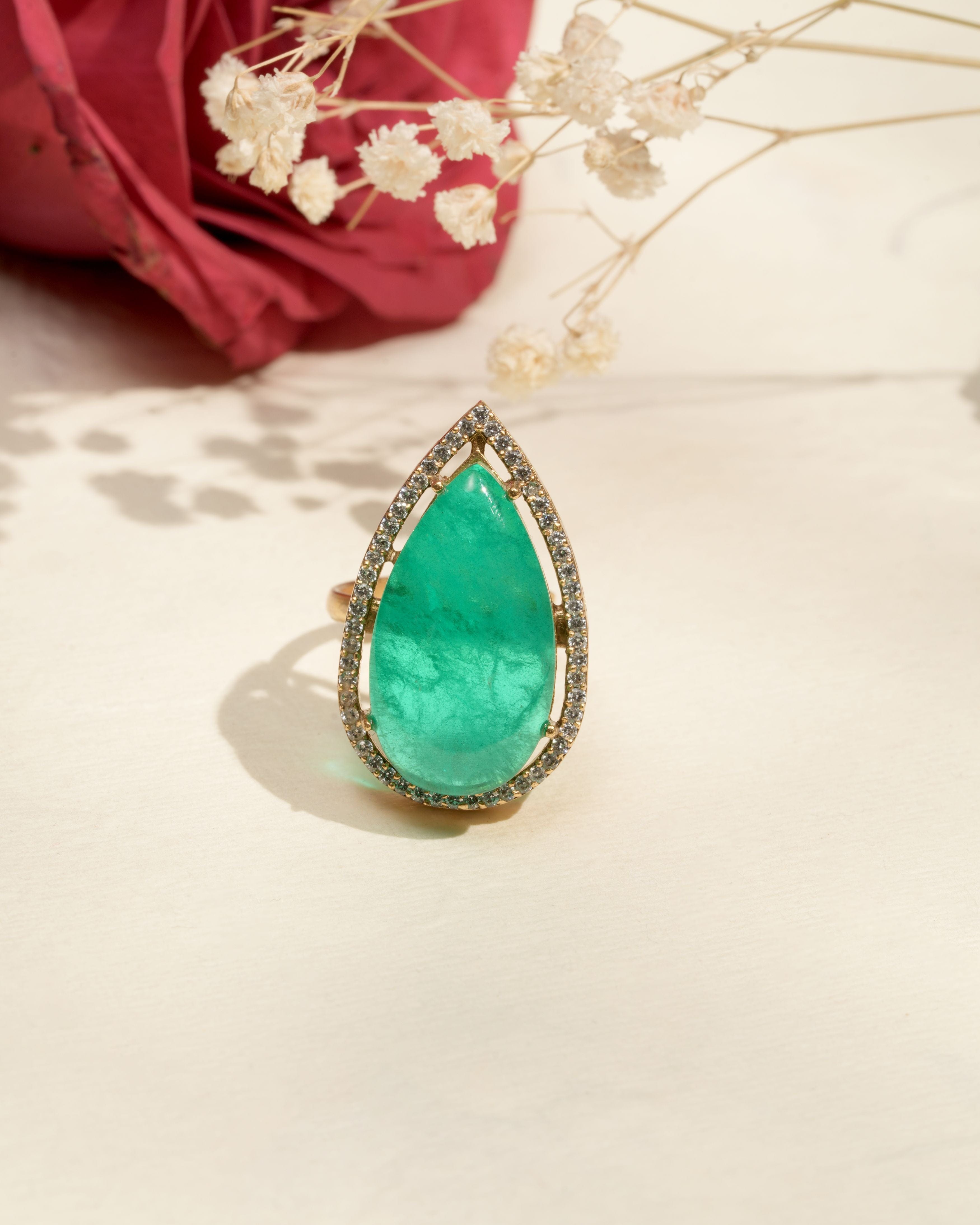 Mataari Ring Emerald Aura Teardrop Cocktail Ring