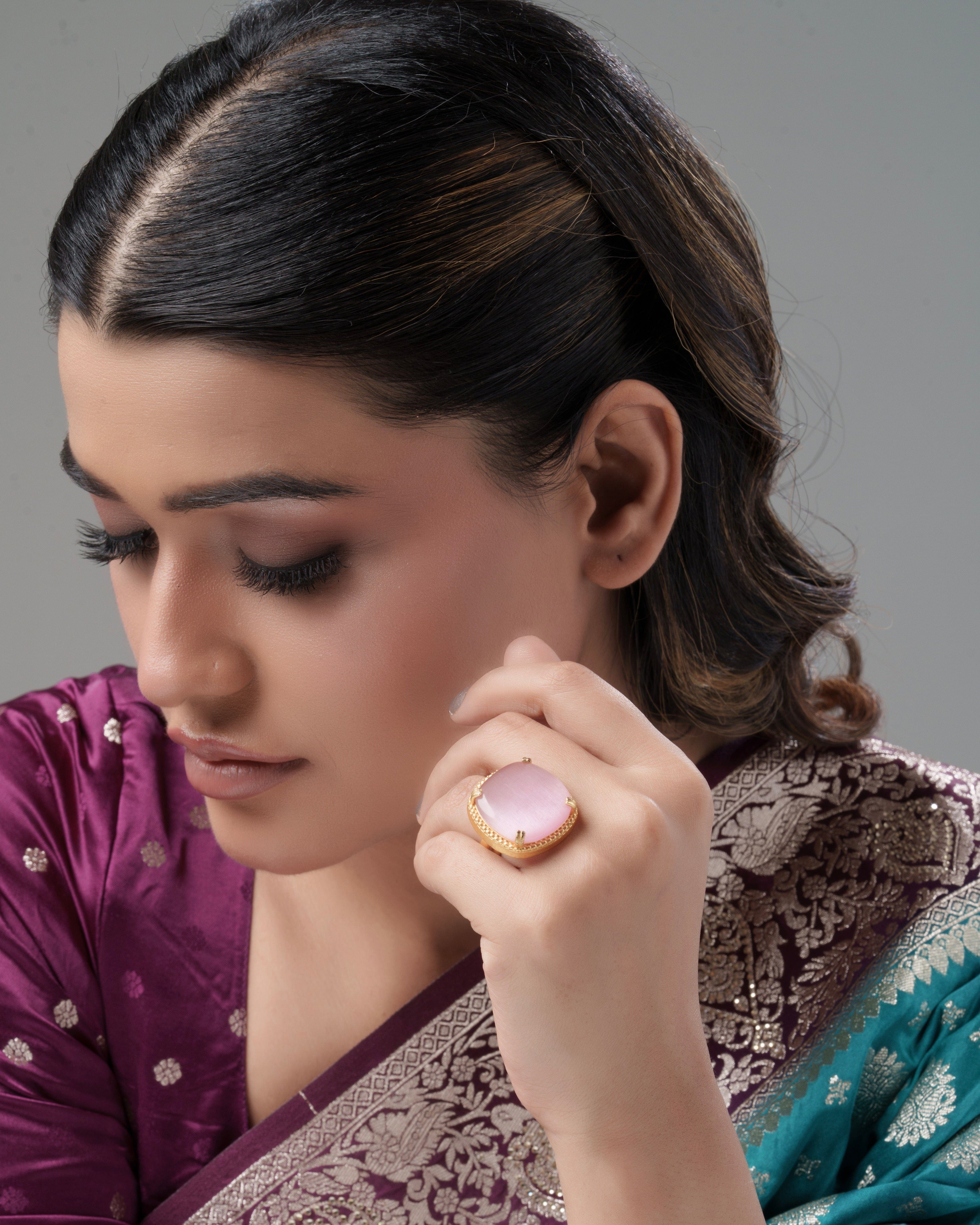 Mataari Ring Natural Rose Quartz Stone Gold-Plated Adjustable Finger Ring