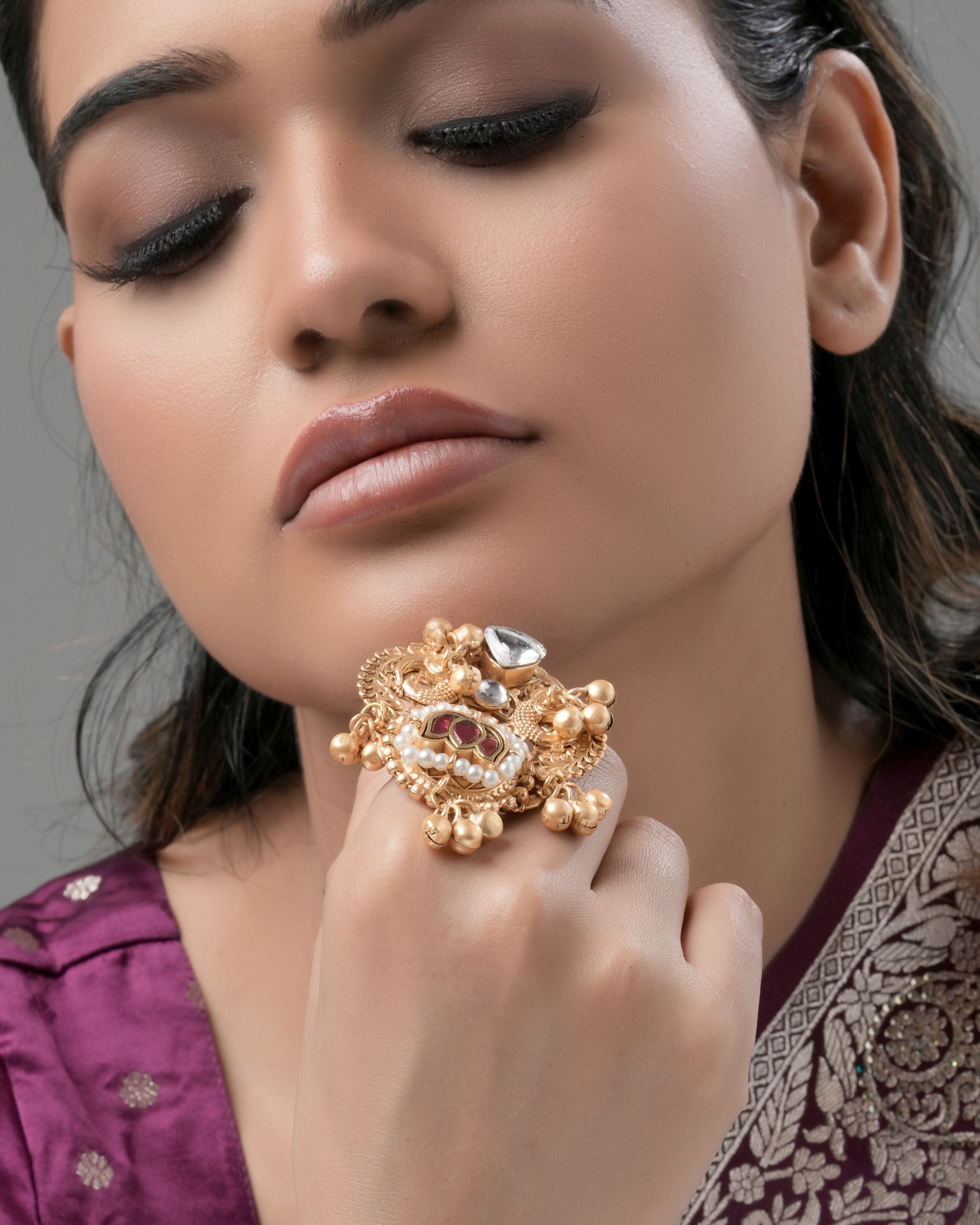 Mataari Ring Regal Gold-Plated Statement Ring with Kundan and Pearl Detailing