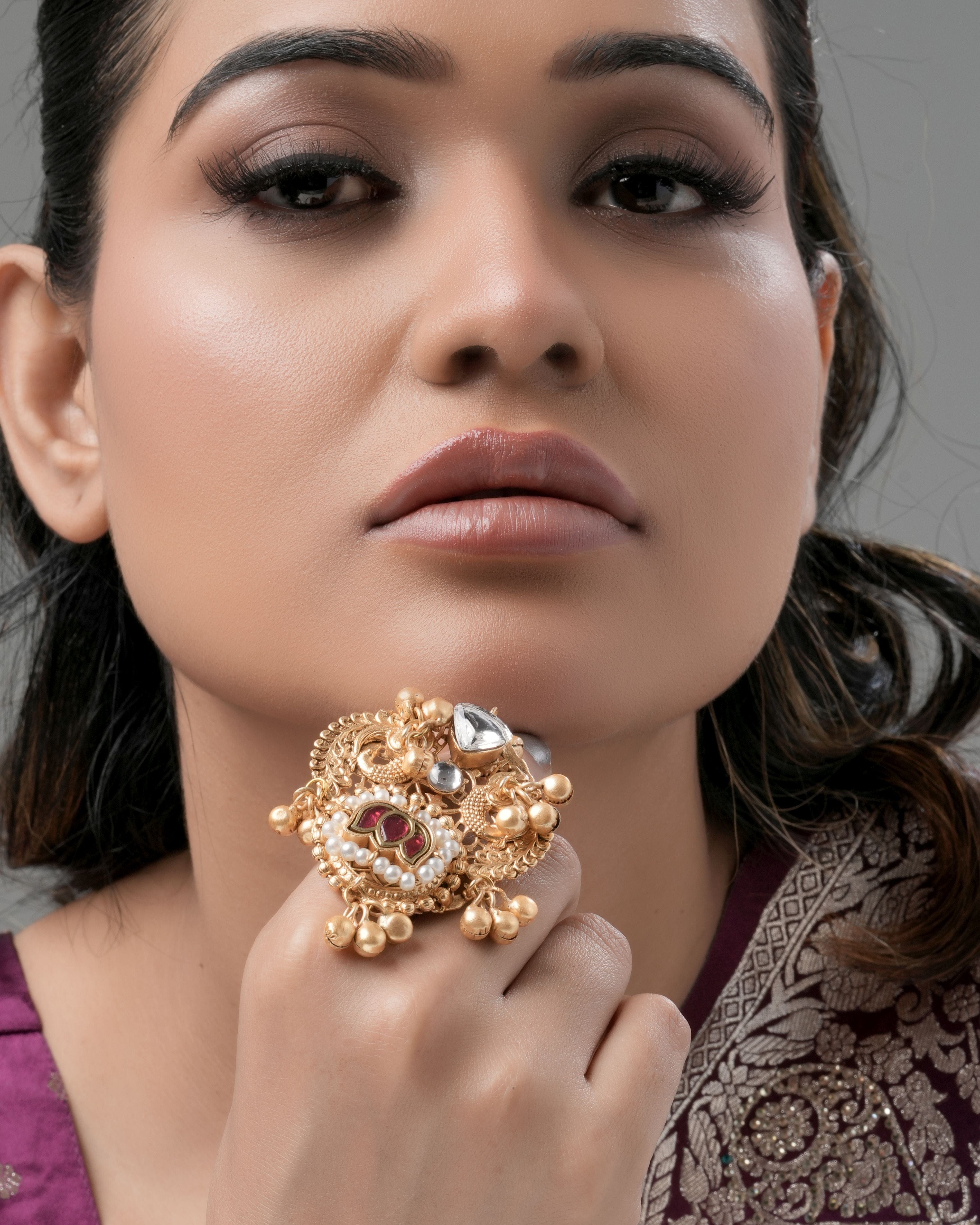 Mataari Ring Regal Gold-Plated Statement Ring with Kundan and Pearl Detailing
