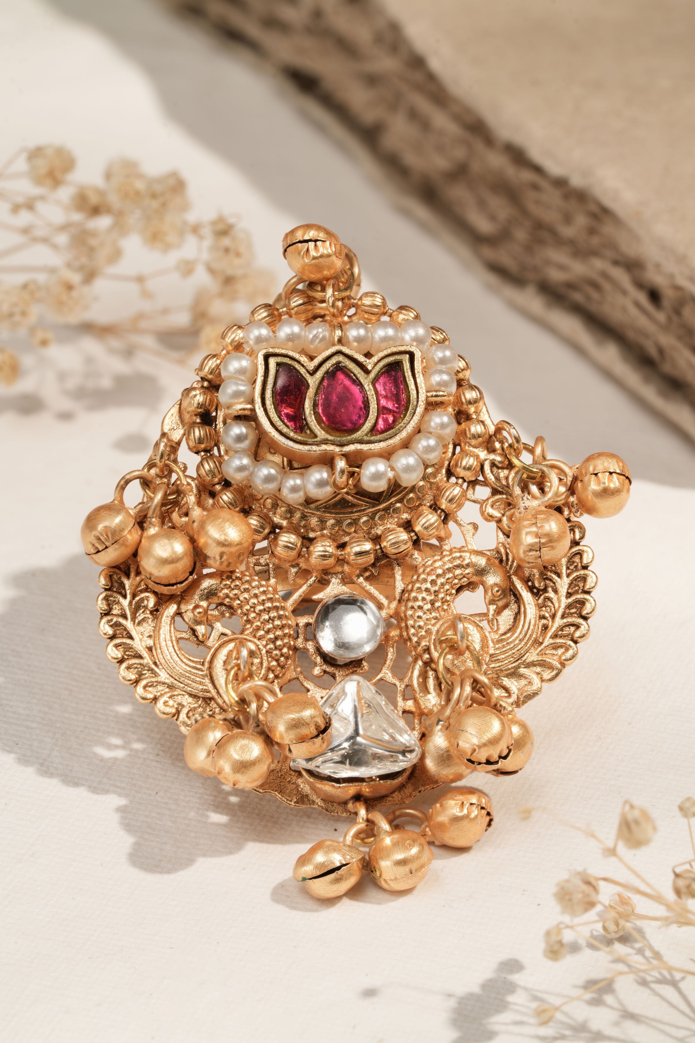 Mataari Ring Regal Gold-Plated Statement Ring with Kundan and Pearl Detailing