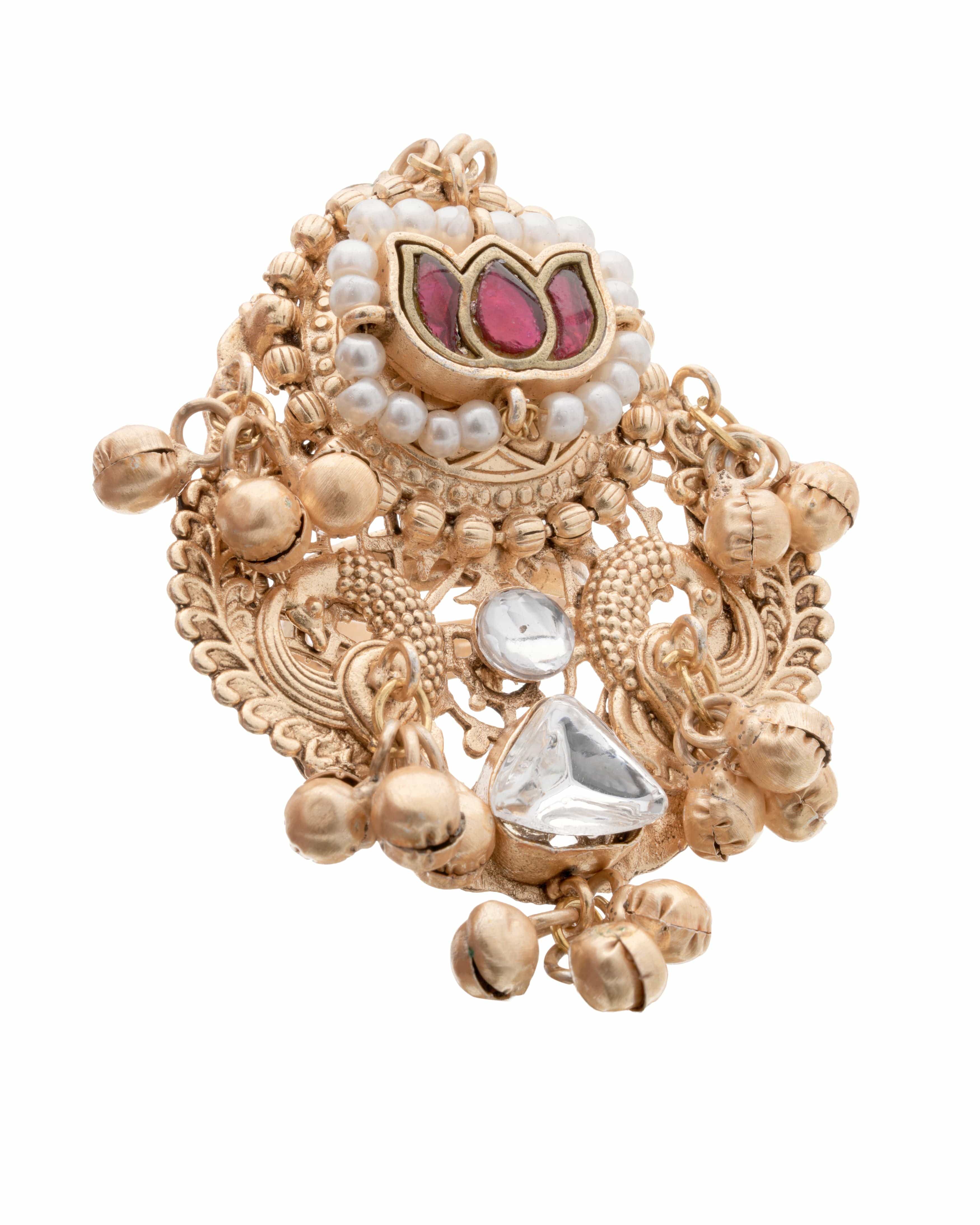 Mataari Ring Regal Gold-Plated Statement Ring with Kundan and Pearl Detailing