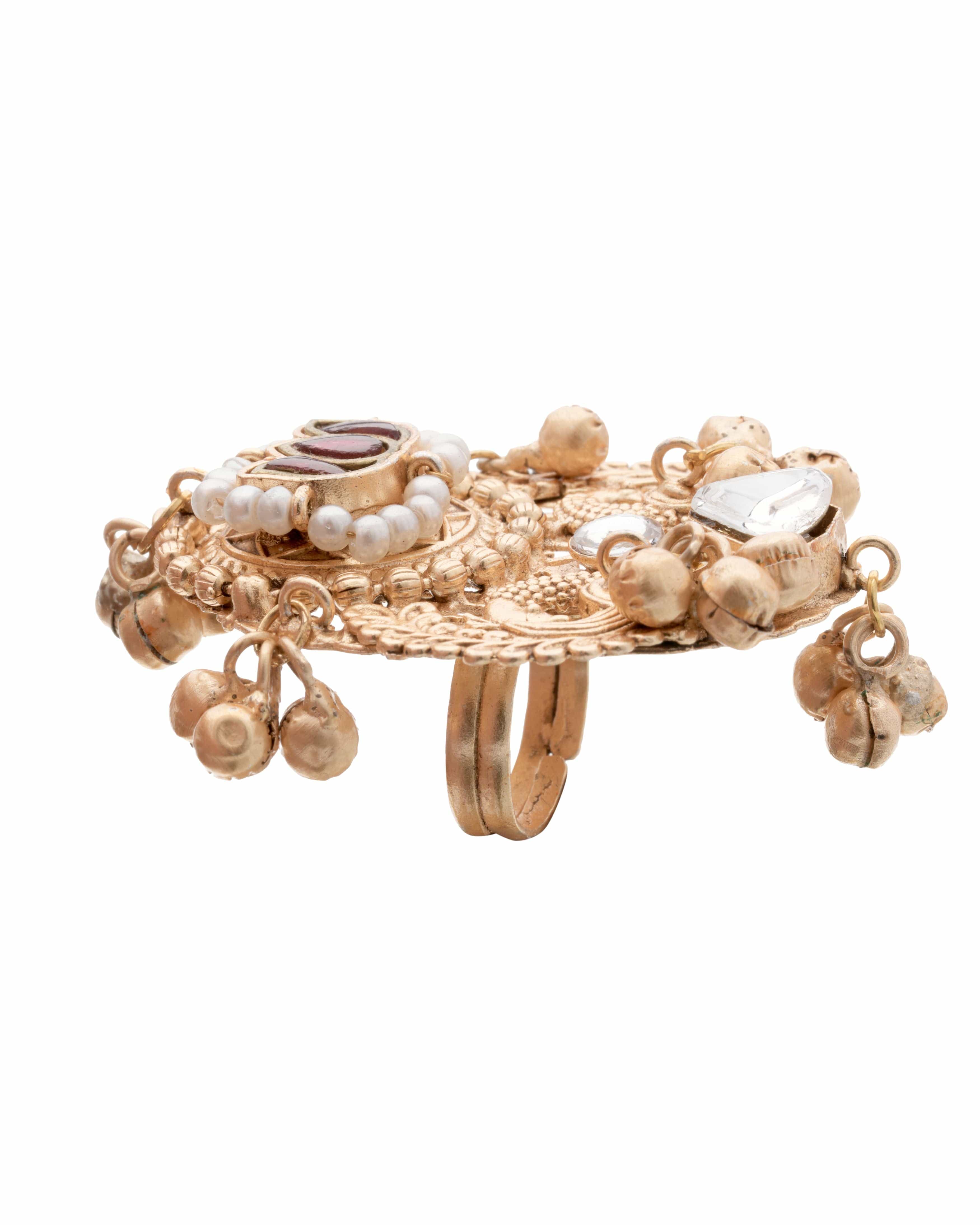 Mataari Ring Regal Gold-Plated Statement Ring with Kundan and Pearl Detailing