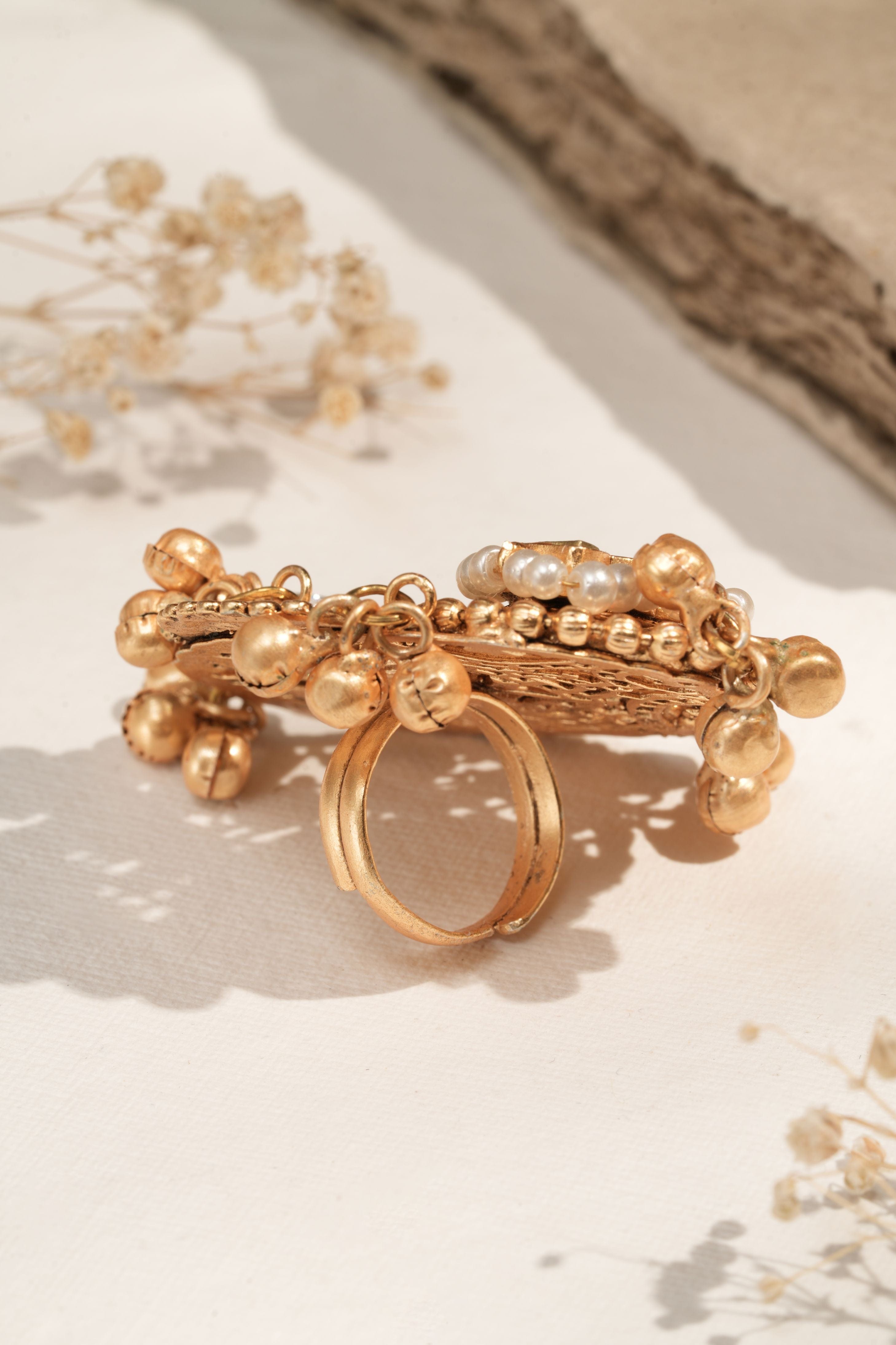 Mataari Ring Regal Gold-Plated Statement Ring with Kundan and Pearl Detailing