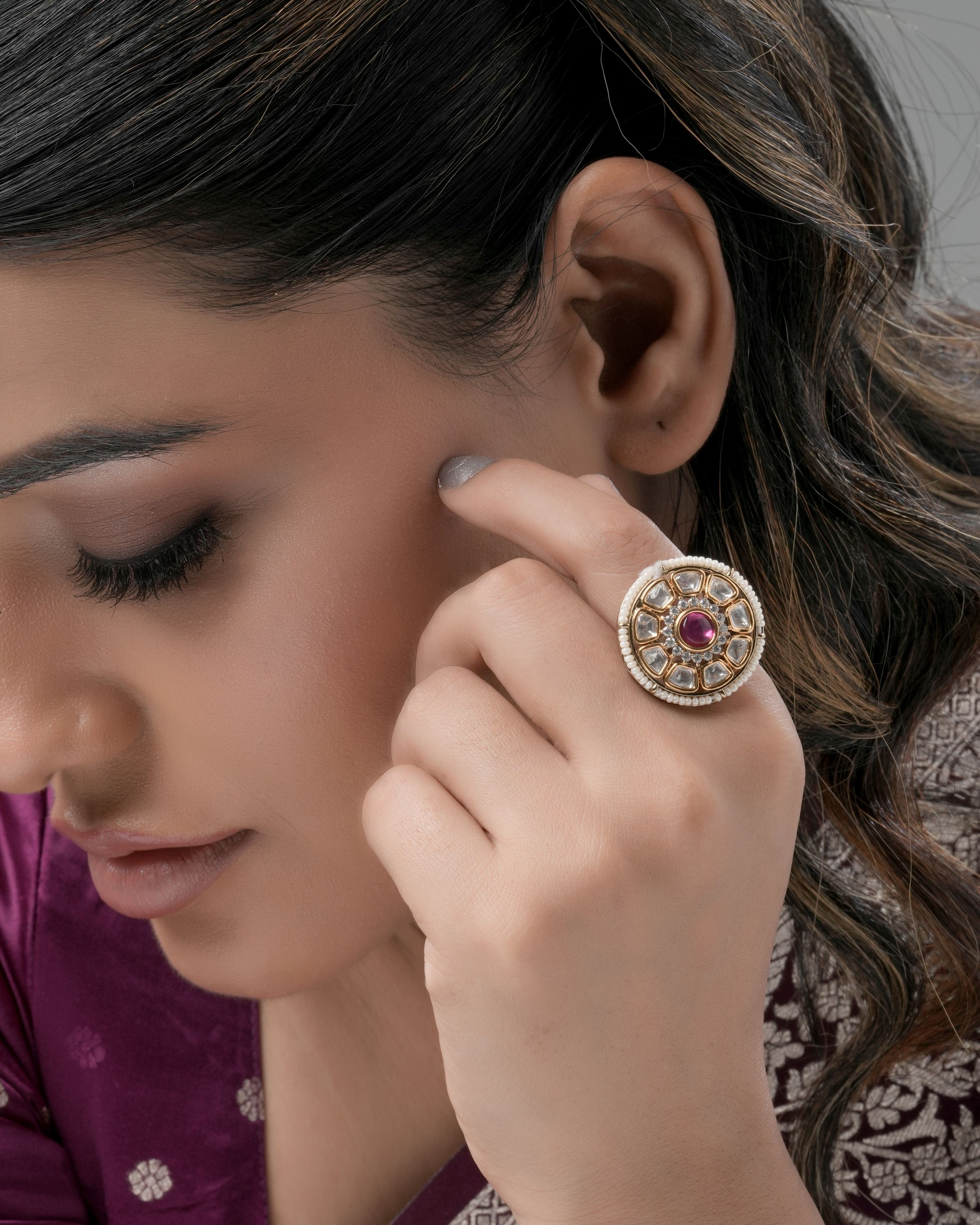Mataari Ring Rose Halo Kundan Ring