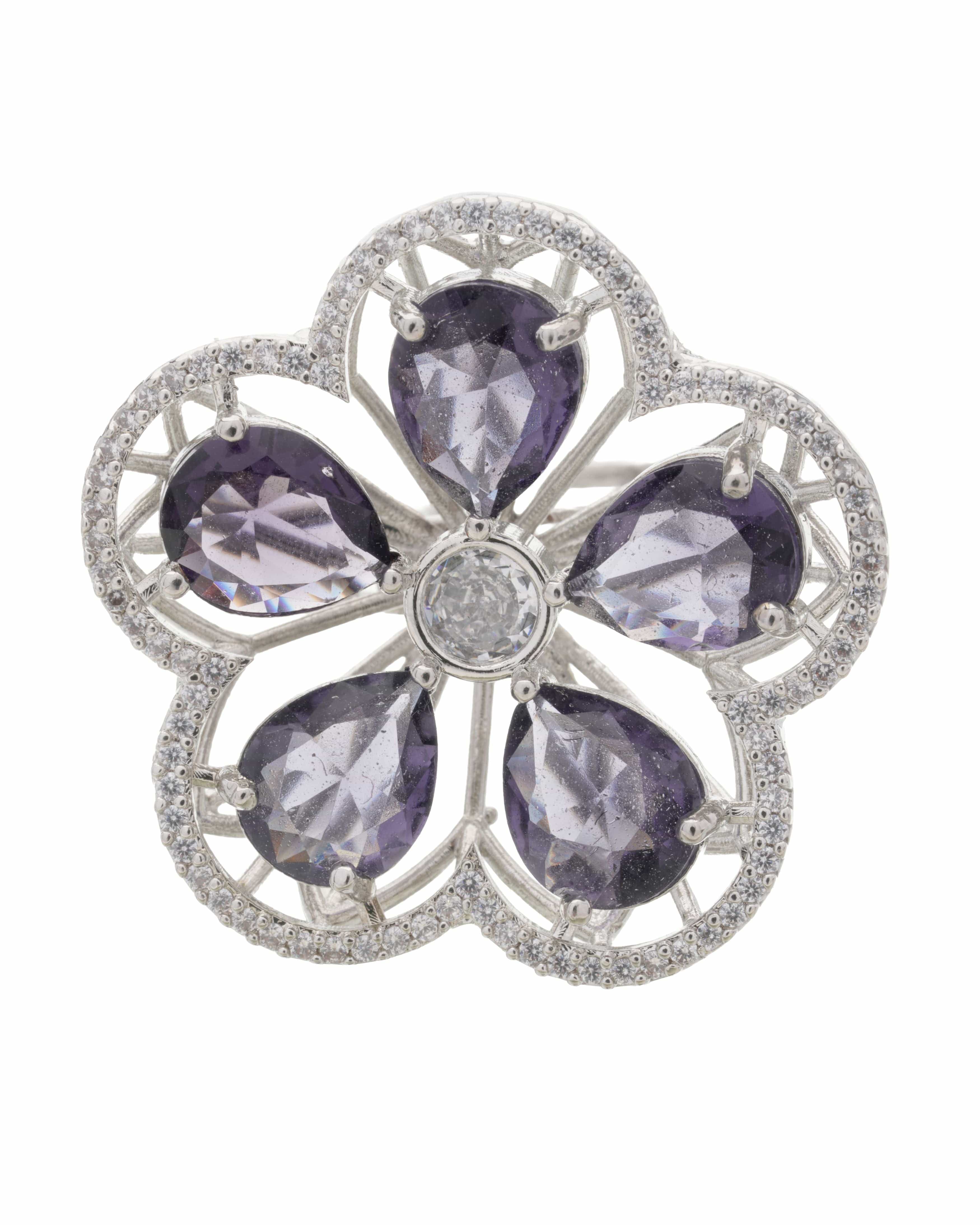 Mataari Ring Violet Crystal Flower Cocktail Ring