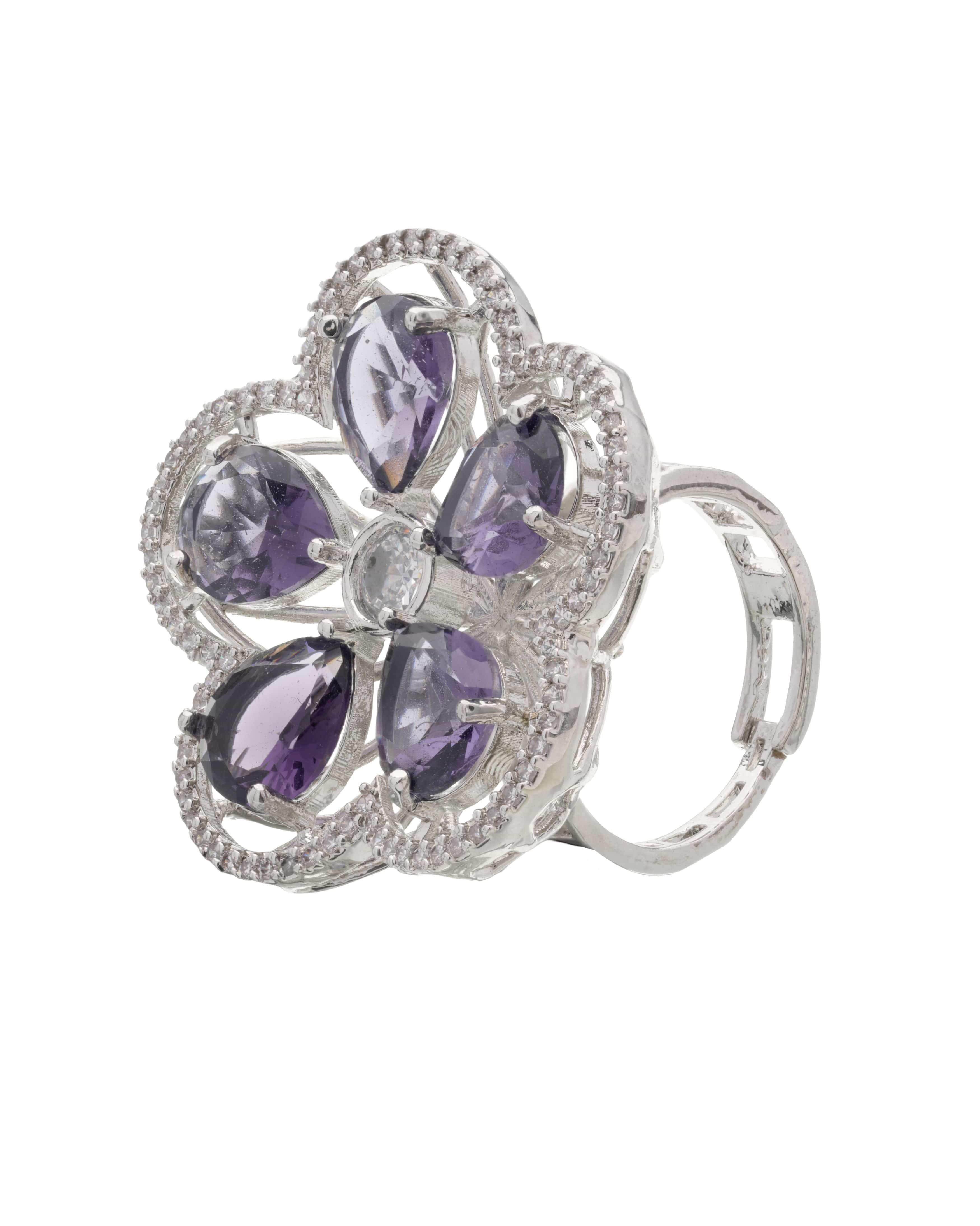 Mataari Ring Violet Crystal Flower Cocktail Ring