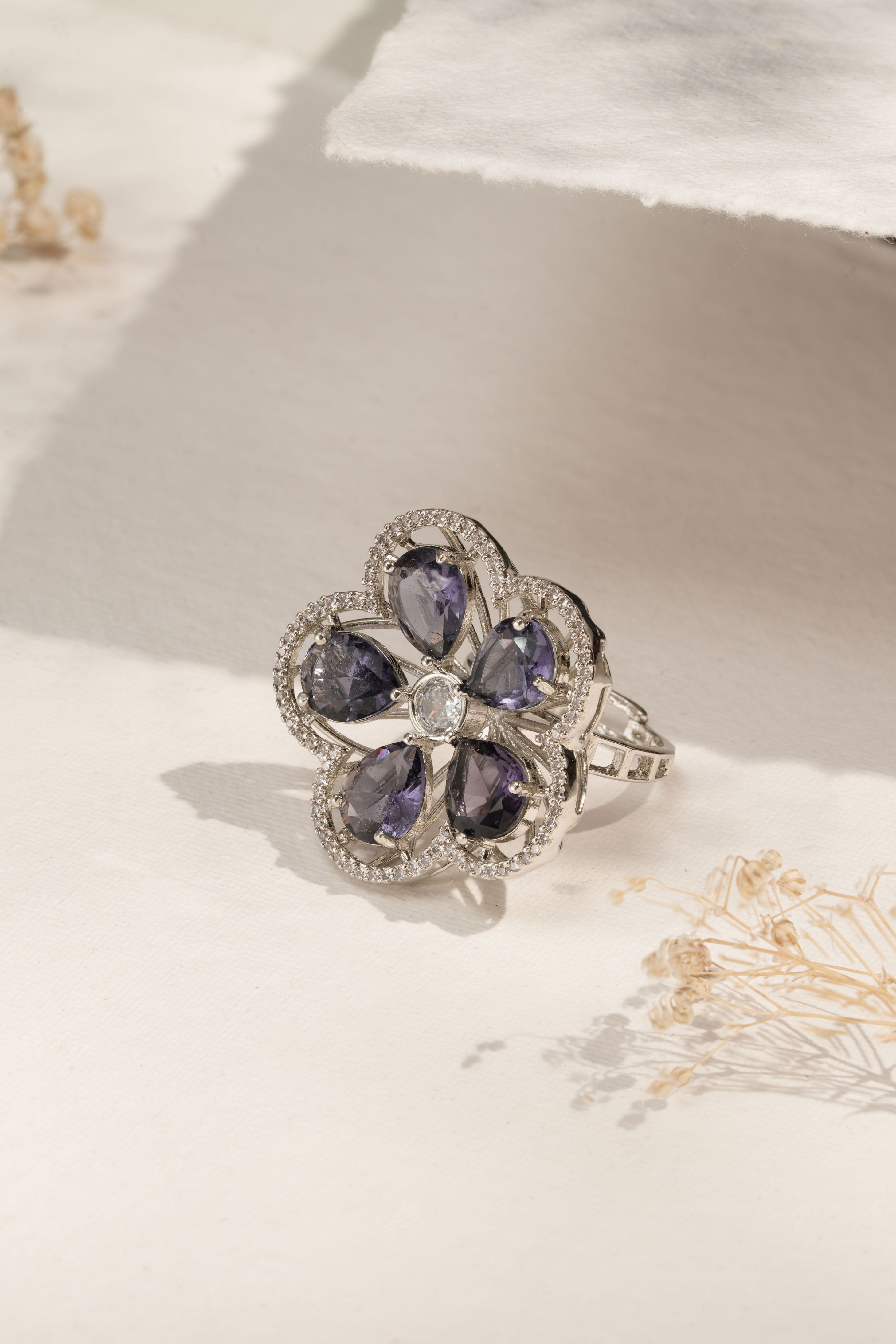 Mataari Ring Violet Crystal Flower Cocktail Ring