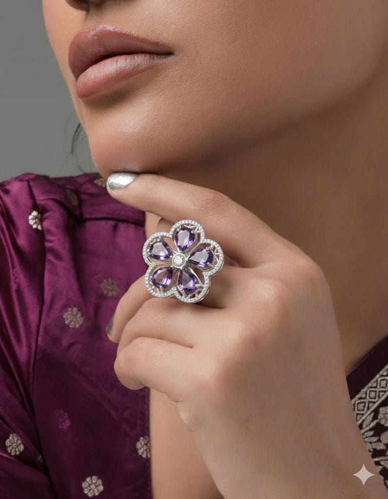 Mataari Ring Violet Crystal Flower Cocktail Ring