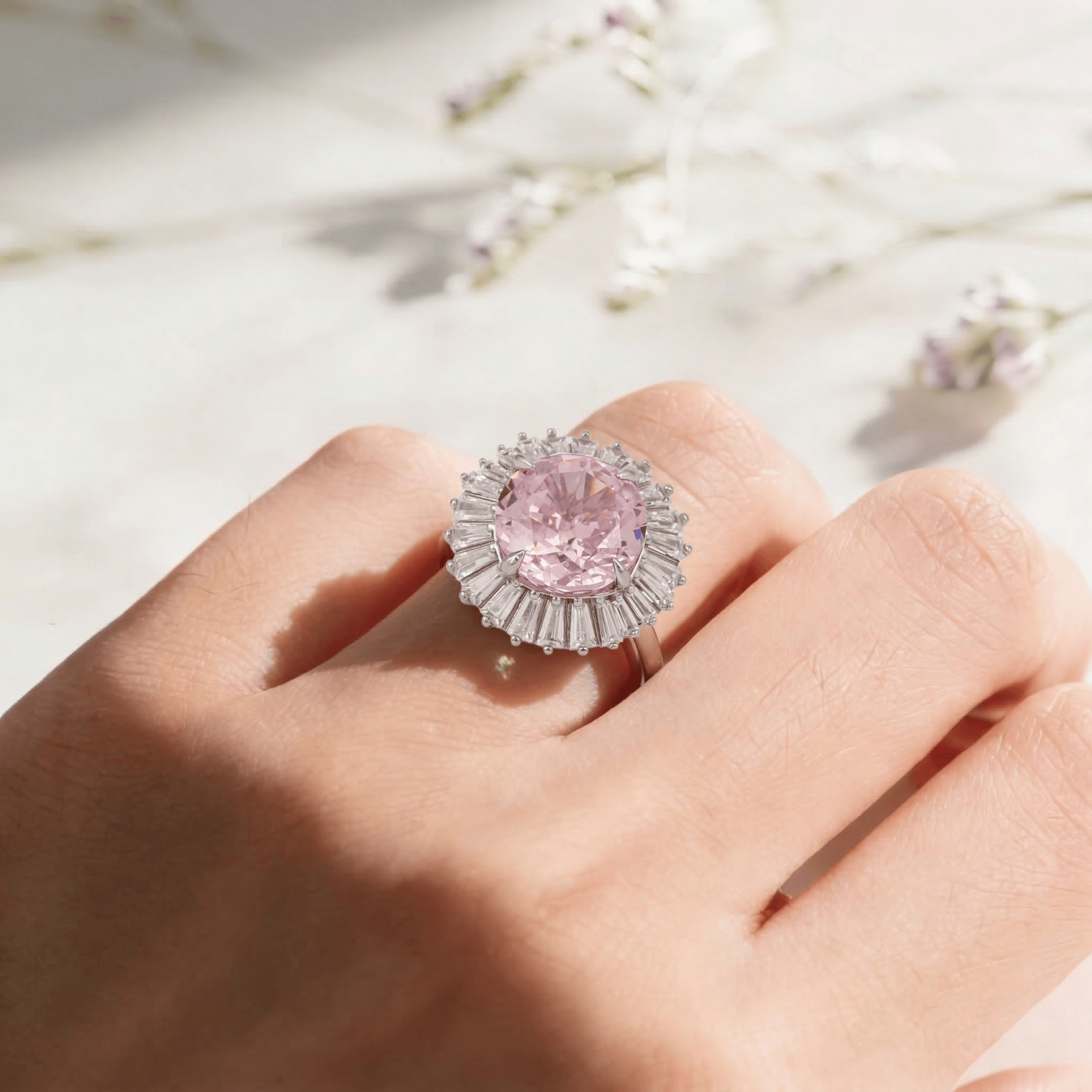 Mataari Rings Emerald Sterling Silver Rose Quartz Baguette Cubic Zirconia Adjustable Ring