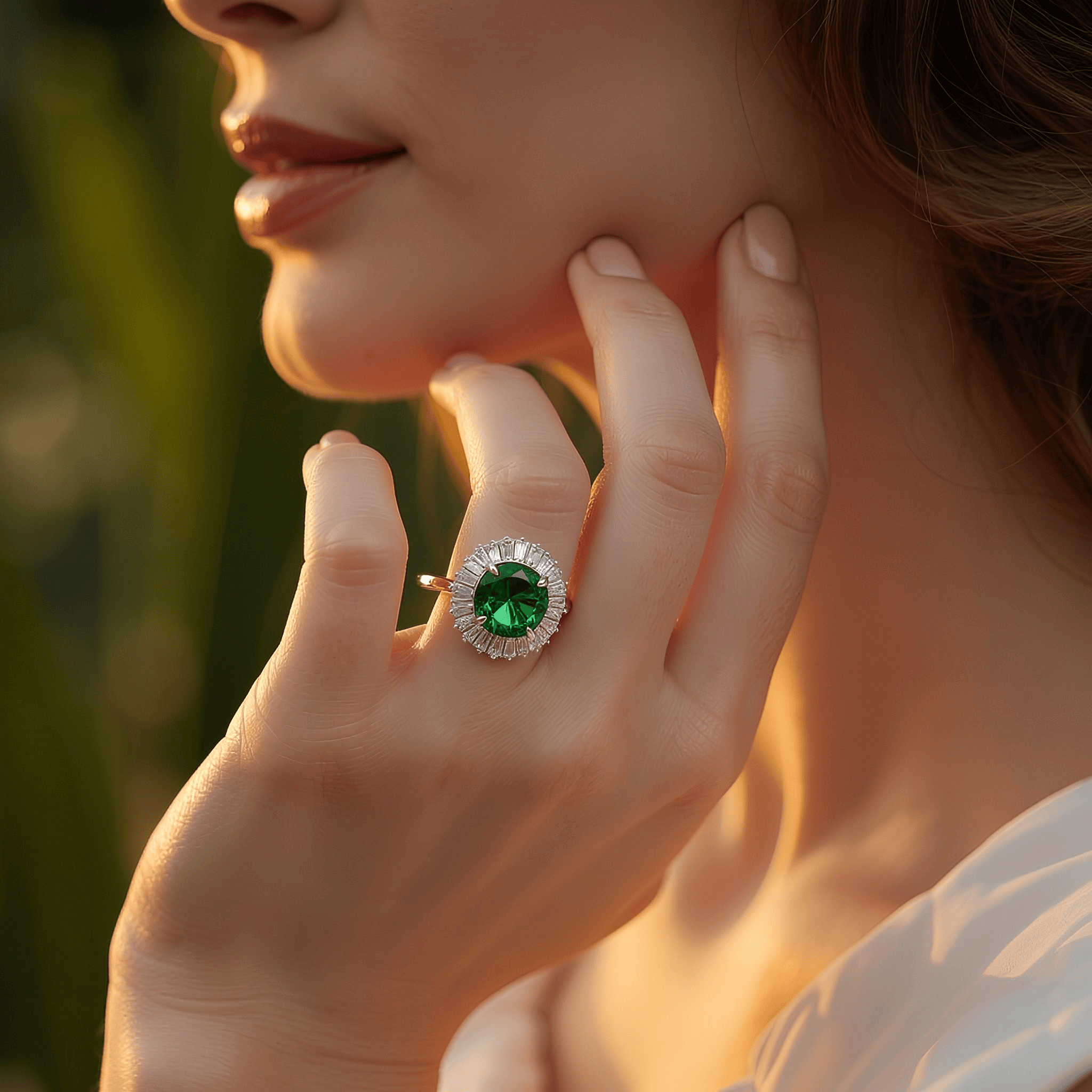 Mataari Rings Emerald Sterling Silver Rose Quartz Baguette Cubic Zirconia Adjustable Ring