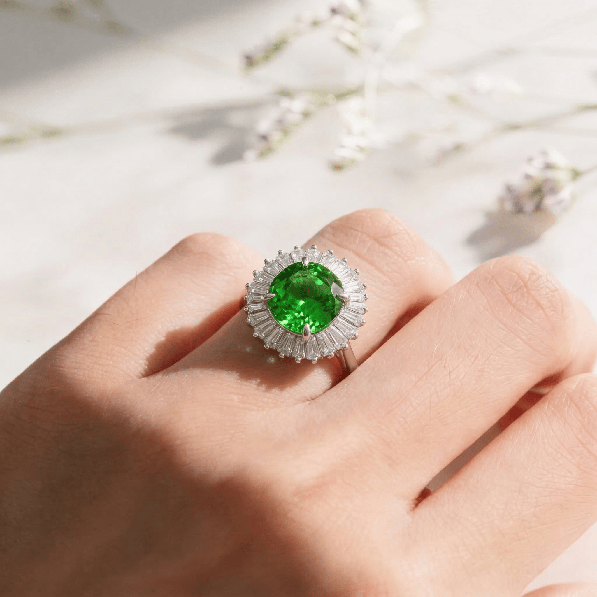 Mataari Rings Emerald Sterling Silver Rose Quartz Baguette Cubic Zirconia Adjustable Ring