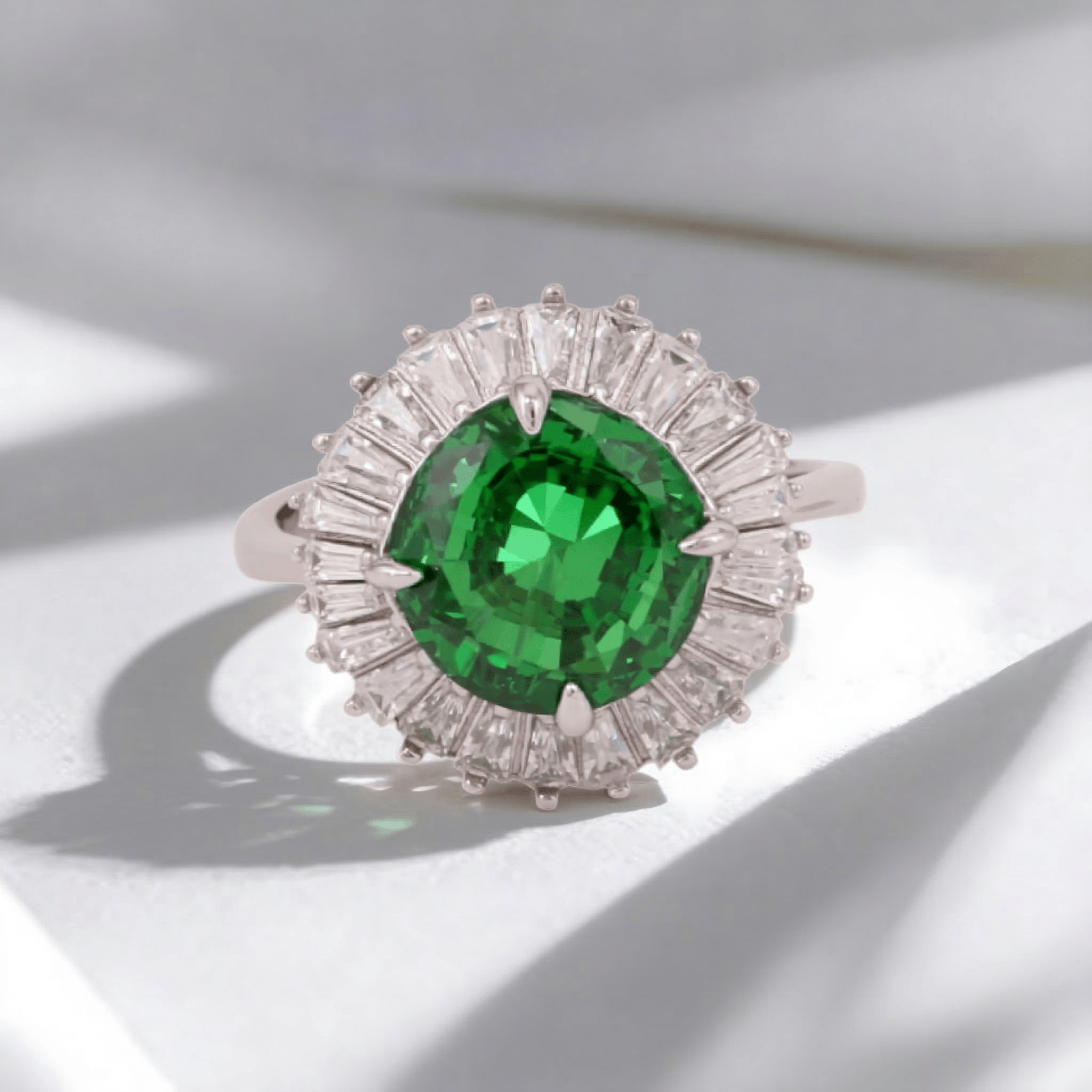 Mataari Rings Emerald Sterling Silver Rose Quartz Baguette Cubic Zirconia Adjustable Ring