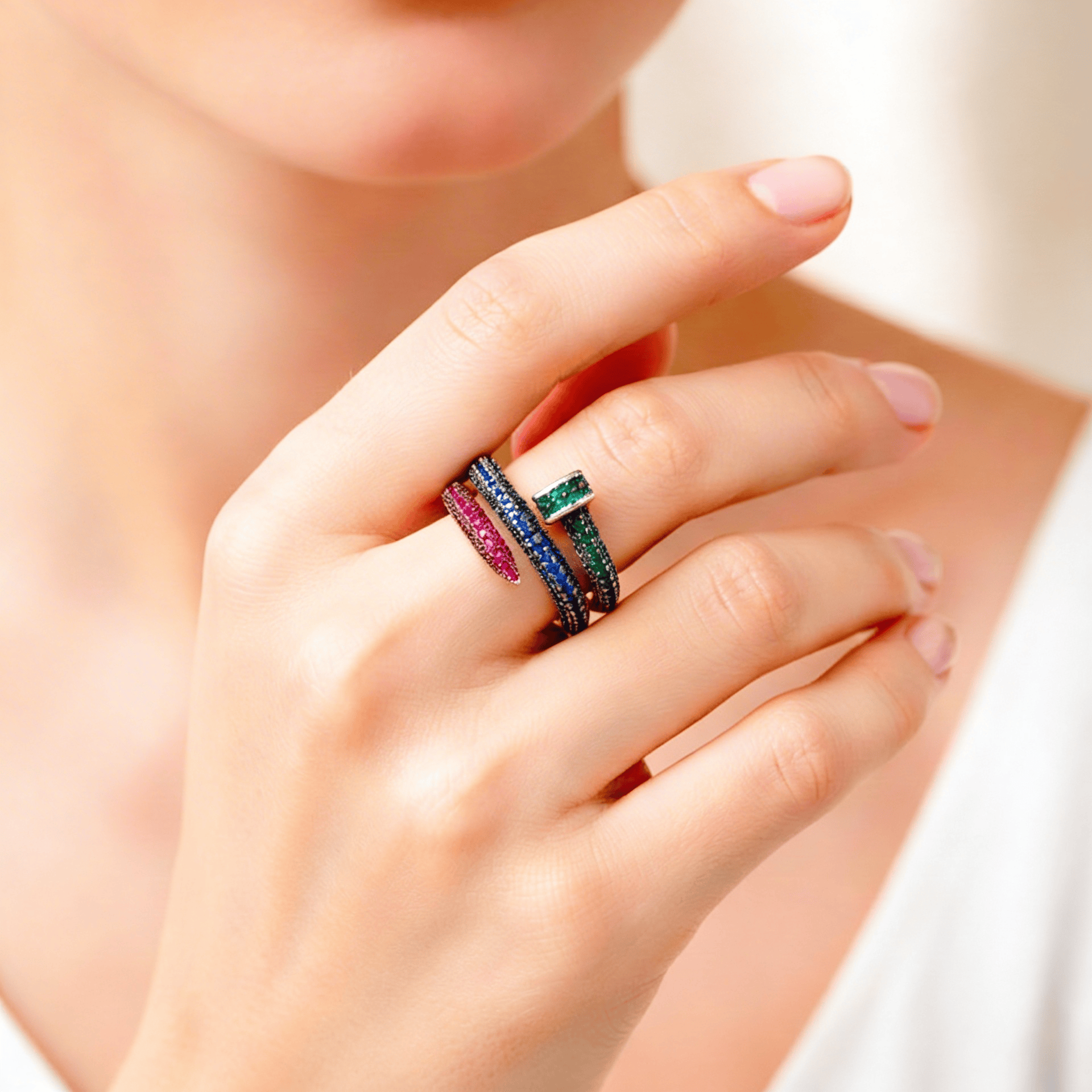 Mataari Rings Tri Color Silver Plated Cubic Zirconia Ring for Women